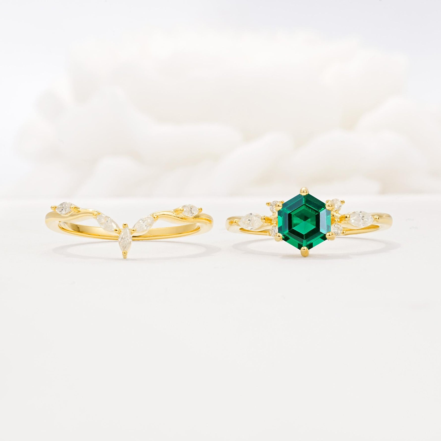Nature-Inspired Hexagon Cut Emerald Engagement Ring Set - White-Gold