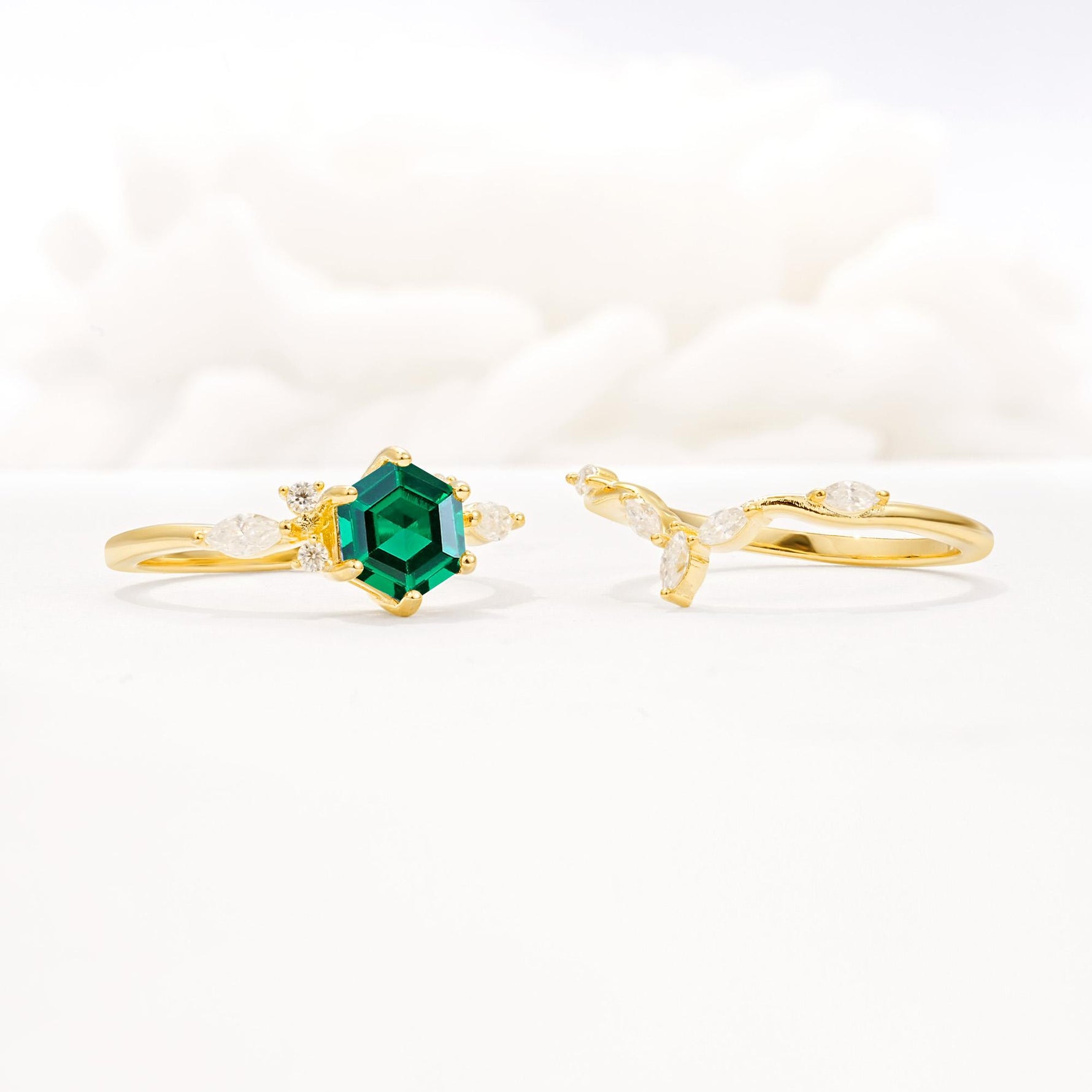 Nature-Inspired Hexagon Cut Emerald Engagement Ring Set - Additional view