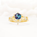 Nature-Inspired Hexagon Cut Alexandrite Engagement Ring Set - Yellow-Gold
