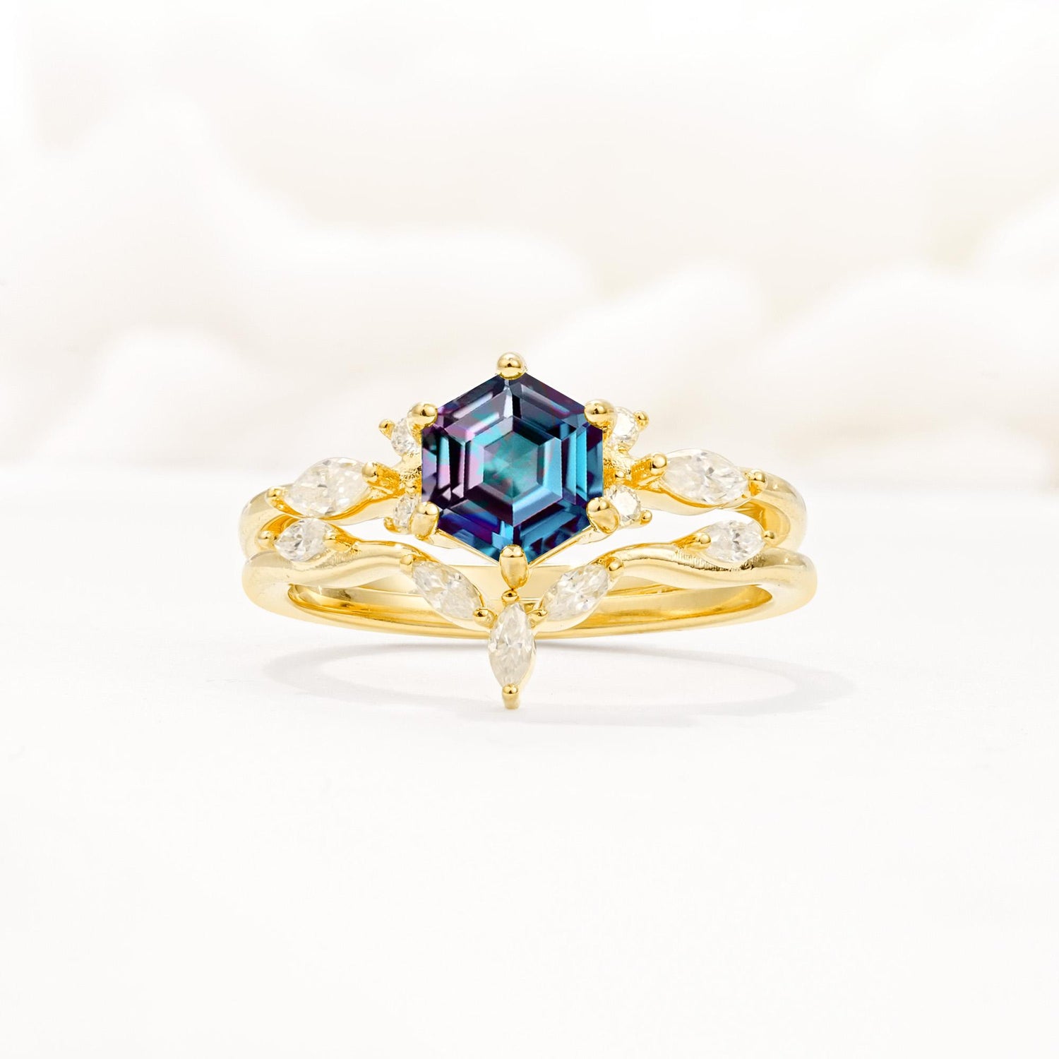 Nature-Inspired Hexagon Cut Alexandrite Engagement Ring Set - Yellow-Gold