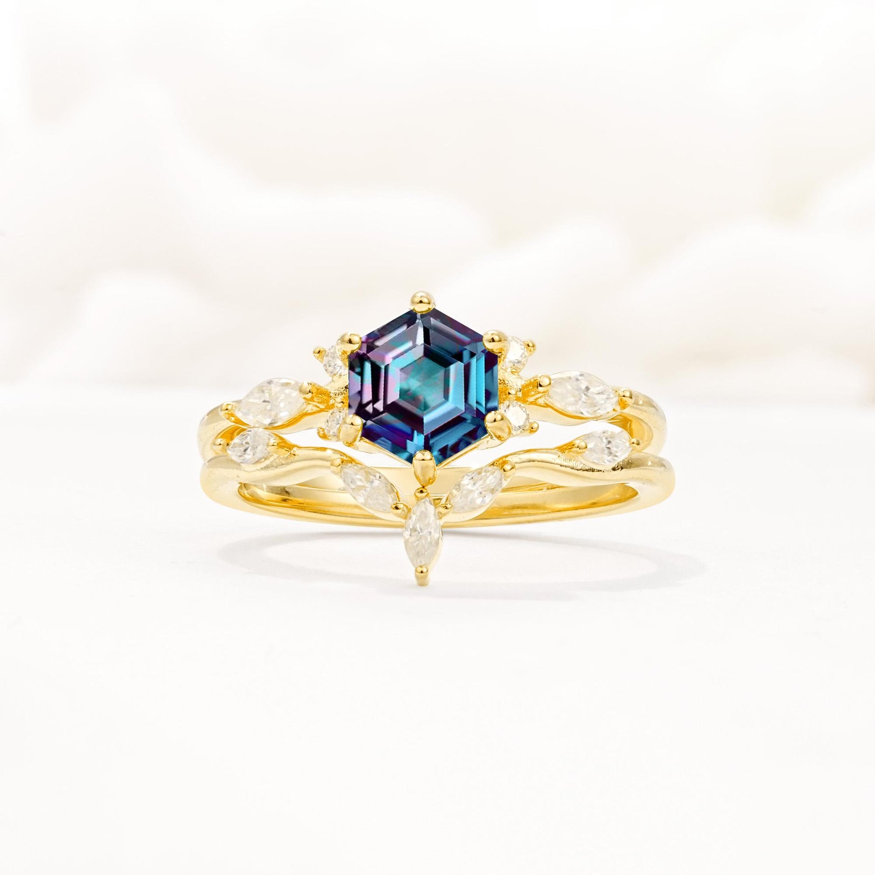 Nature-Inspired Hexagon Cut Alexandrite Engagement Ring Set - Yellow-Gold