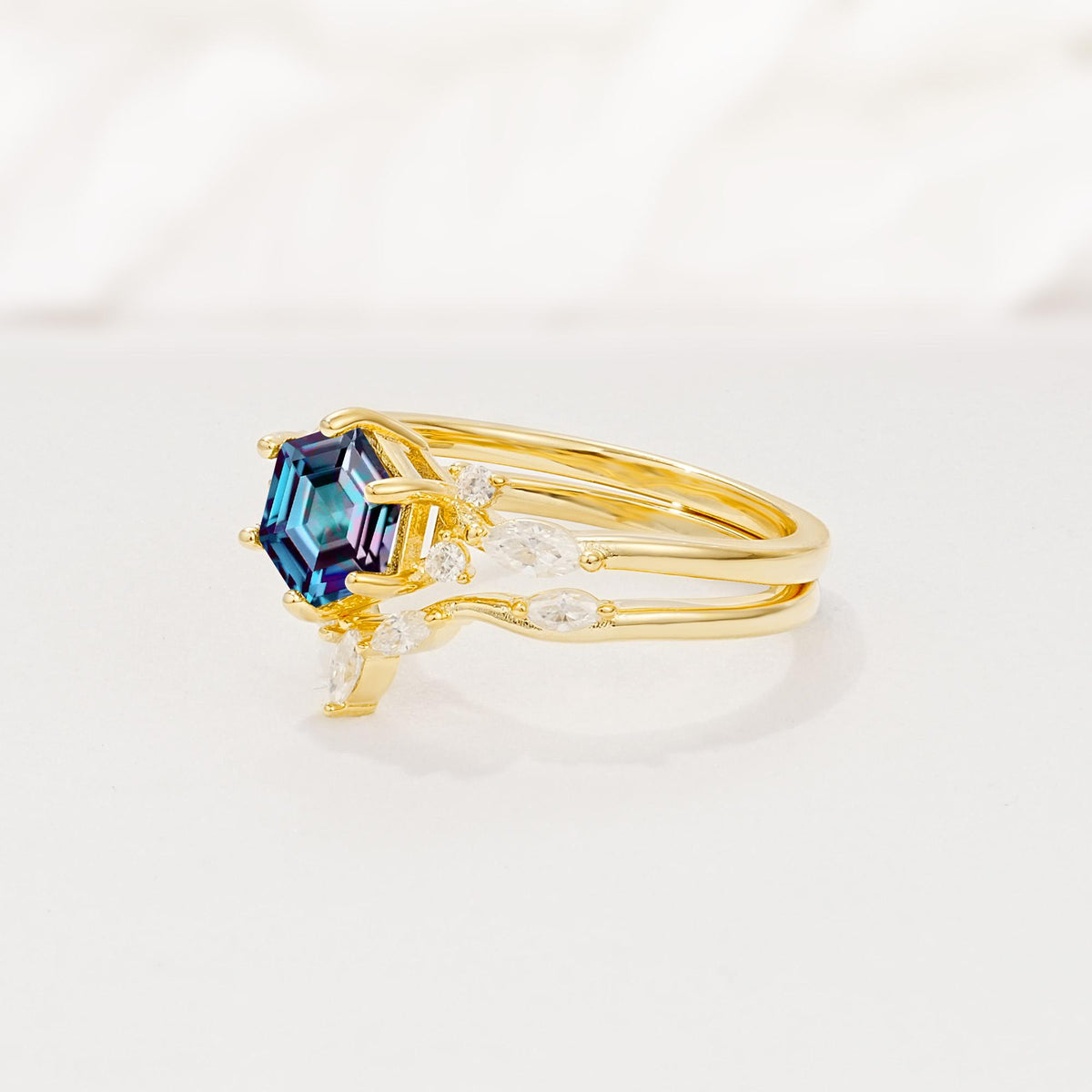 Nature-Inspired Hexagon Cut Alexandrite Engagement Ring Set - Rose-Gold