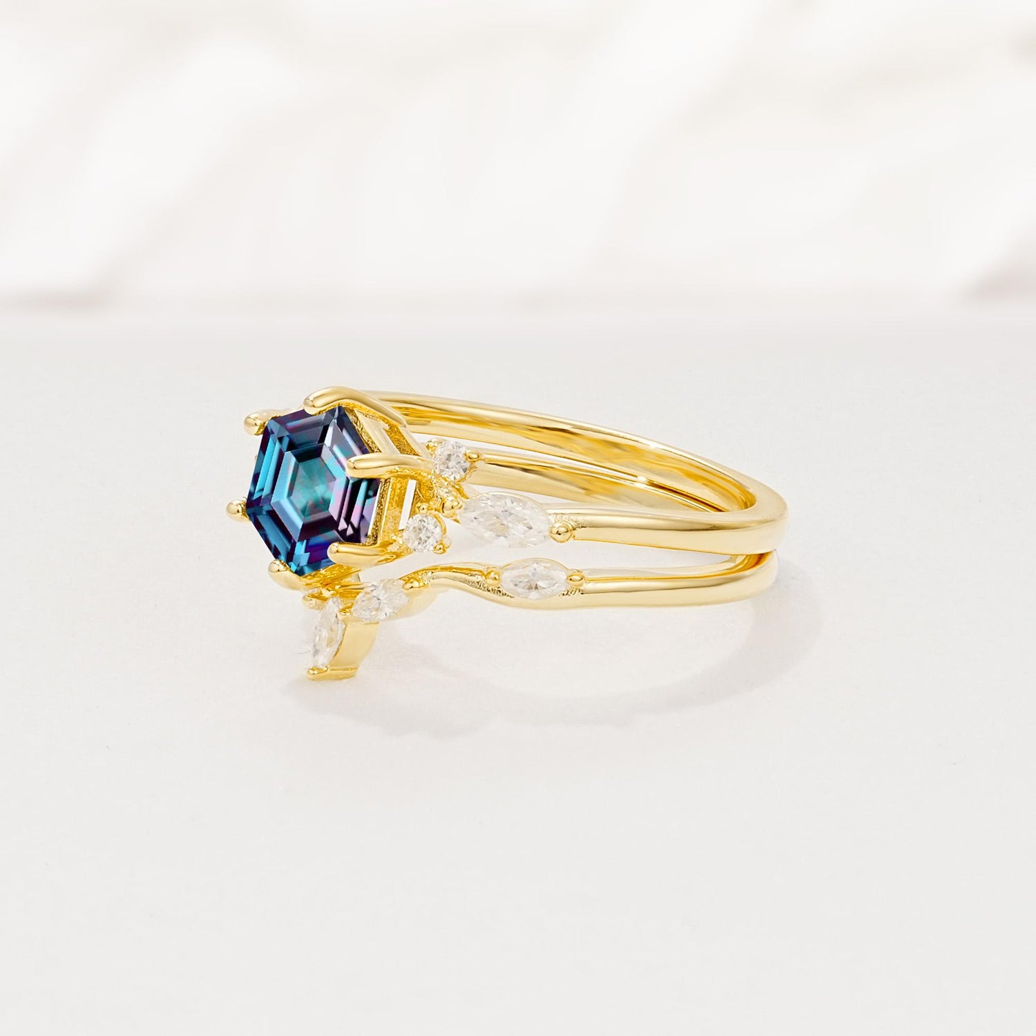 Nature-Inspired Hexagon Cut Alexandrite Engagement Ring Set - Rose-Gold