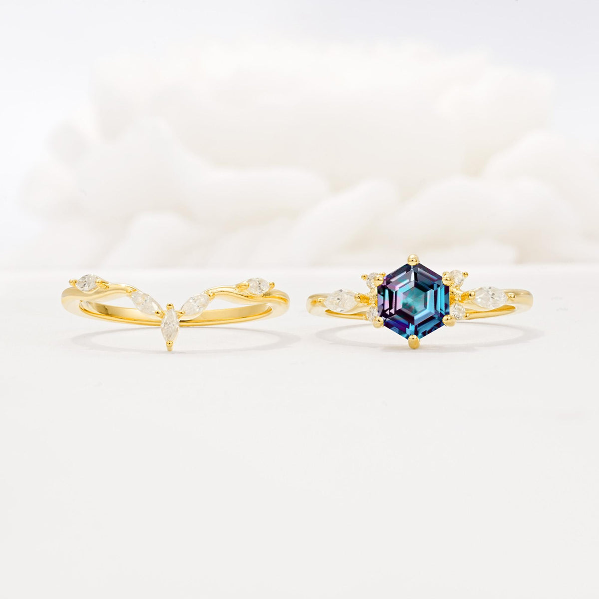 Nature-Inspired Hexagon Cut Alexandrite Engagement Ring Set - White-Gold