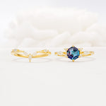 Nature-Inspired Hexagon Cut Alexandrite Engagement Ring Set - White-Gold