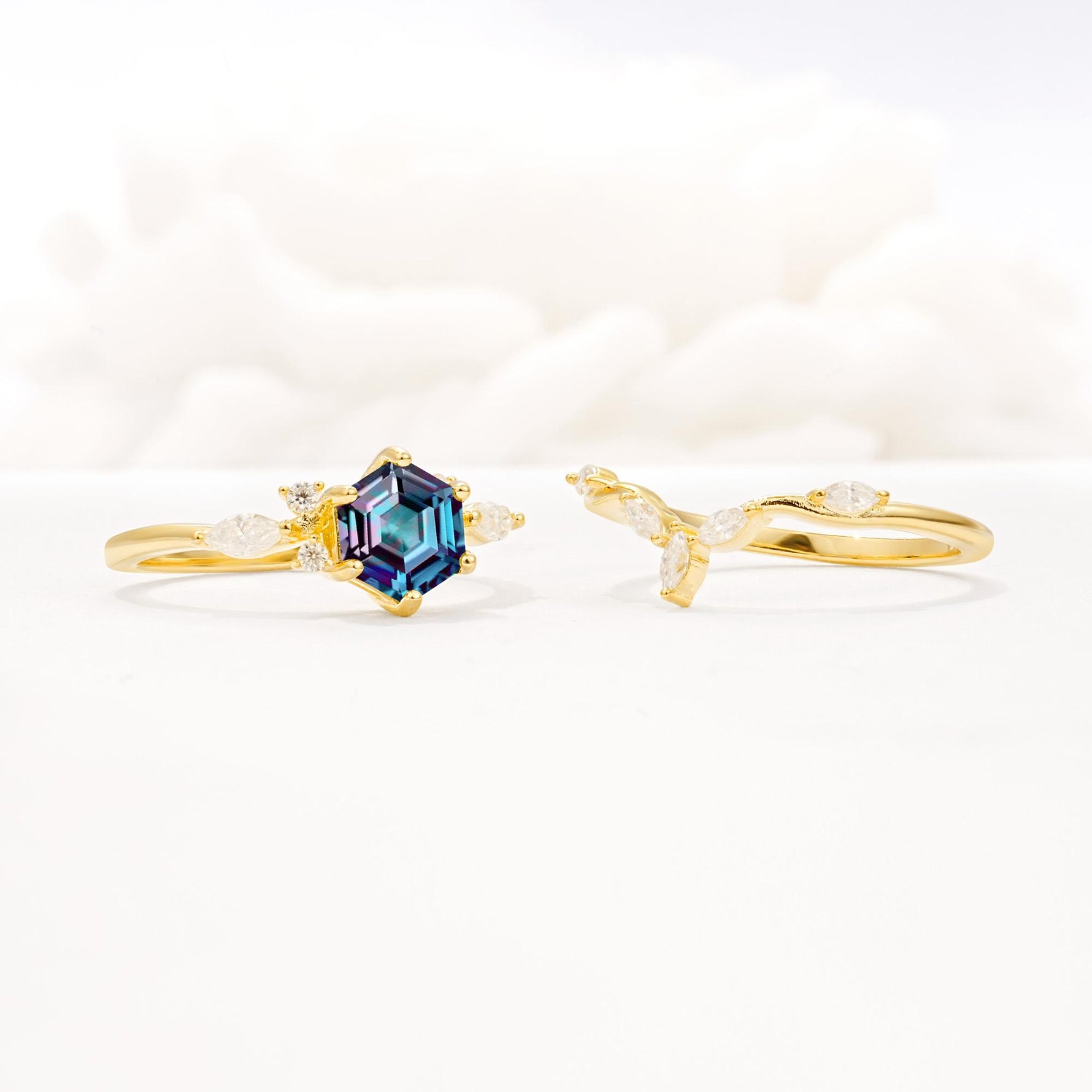 Nature-Inspired Hexagon Cut Alexandrite Engagement Ring Set - Additional view