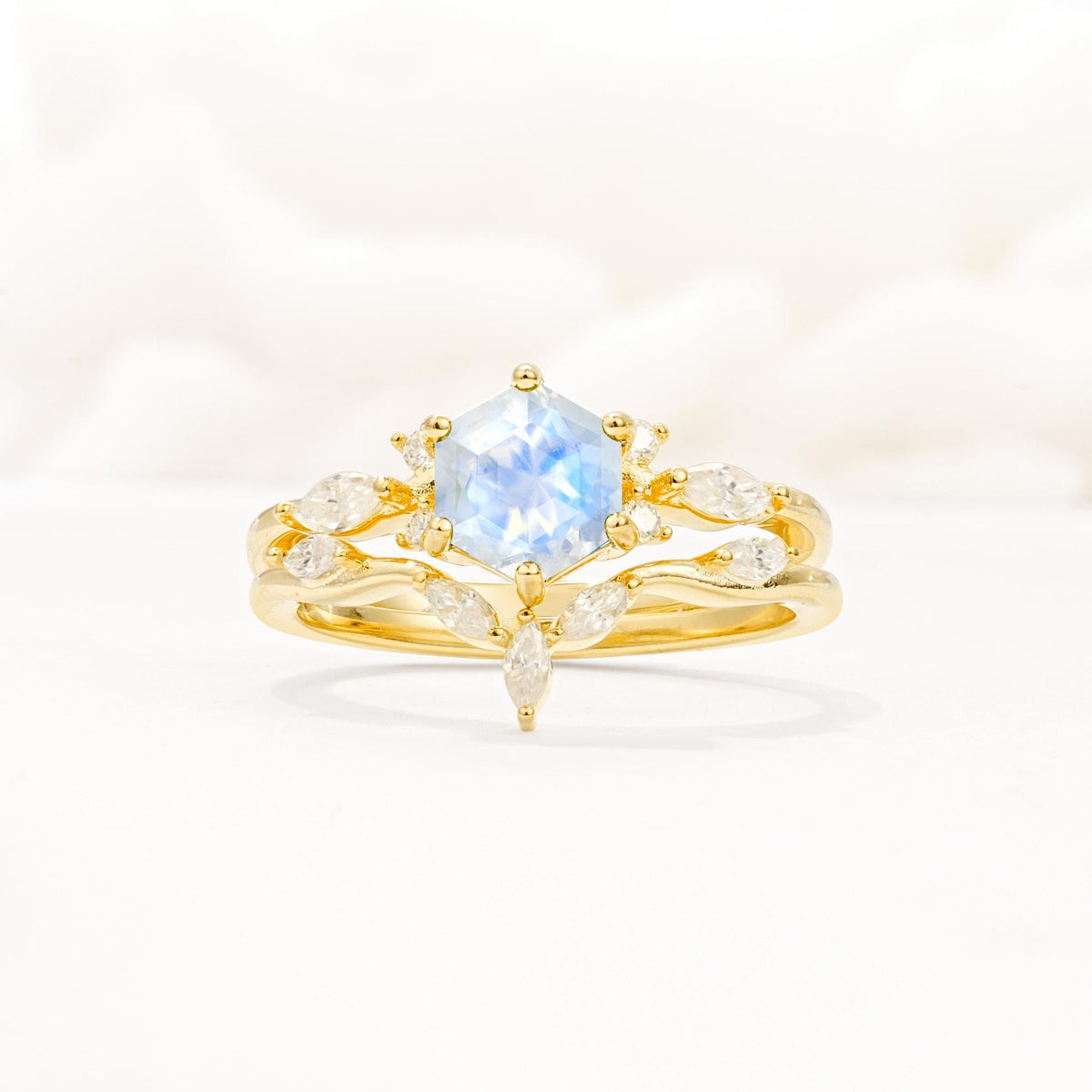 Nature-Inspired Hexagon Cut Moonstone Engagement Ring Set - Yellow-Gold