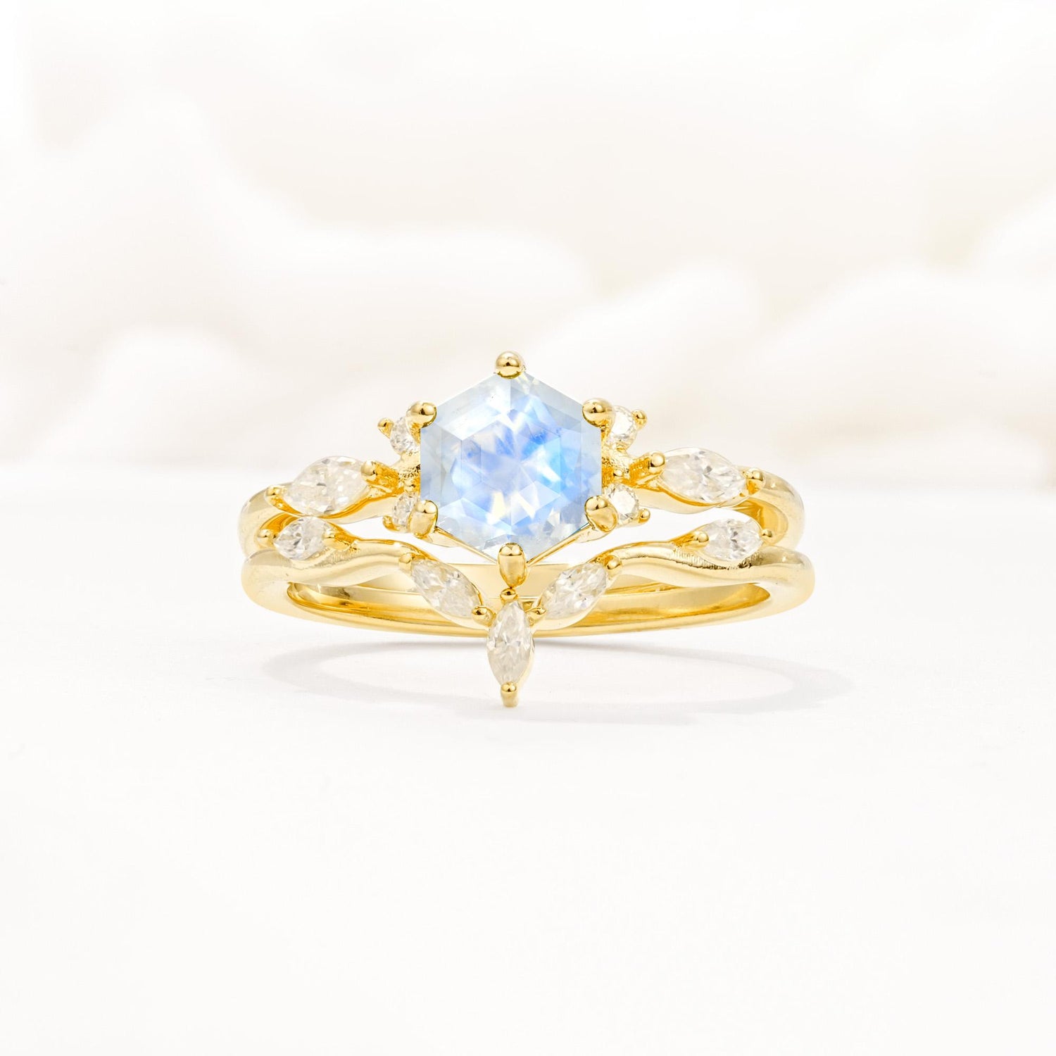 Nature-Inspired Hexagon Cut Moonstone Engagement Ring Set - Yellow-Gold