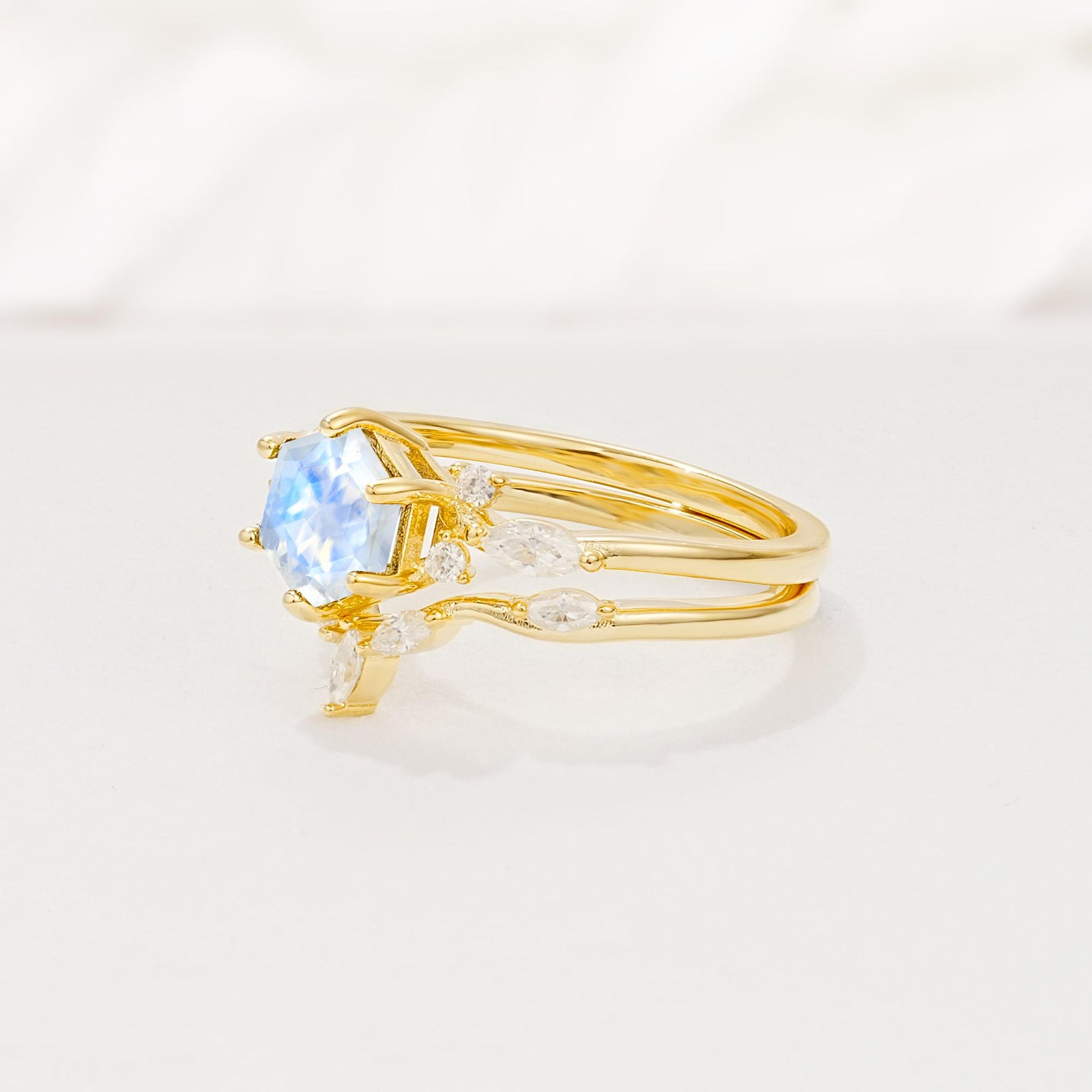 Nature-Inspired Hexagon Cut Moonstone Engagement Ring Set - Rose-Gold