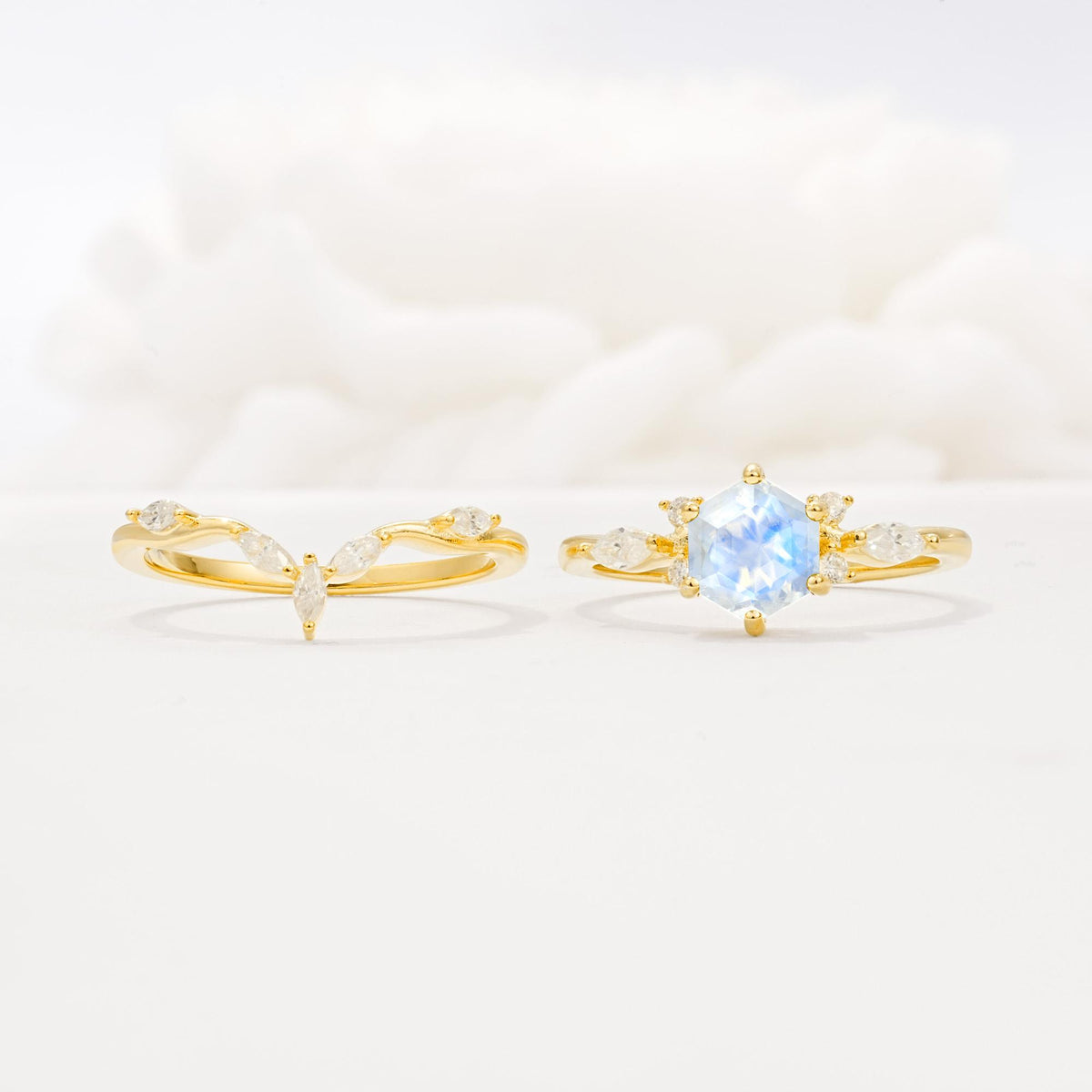 Nature-Inspired Hexagon Cut Moonstone Engagement Ring Set - White-Gold