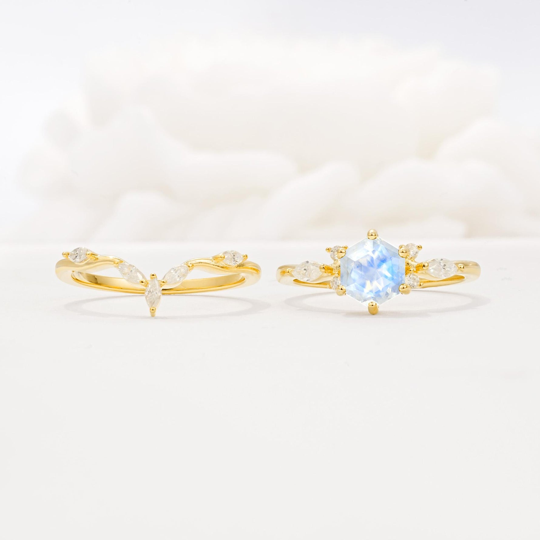 Nature-Inspired Hexagon Cut Moonstone Engagement Ring Set - White-Gold