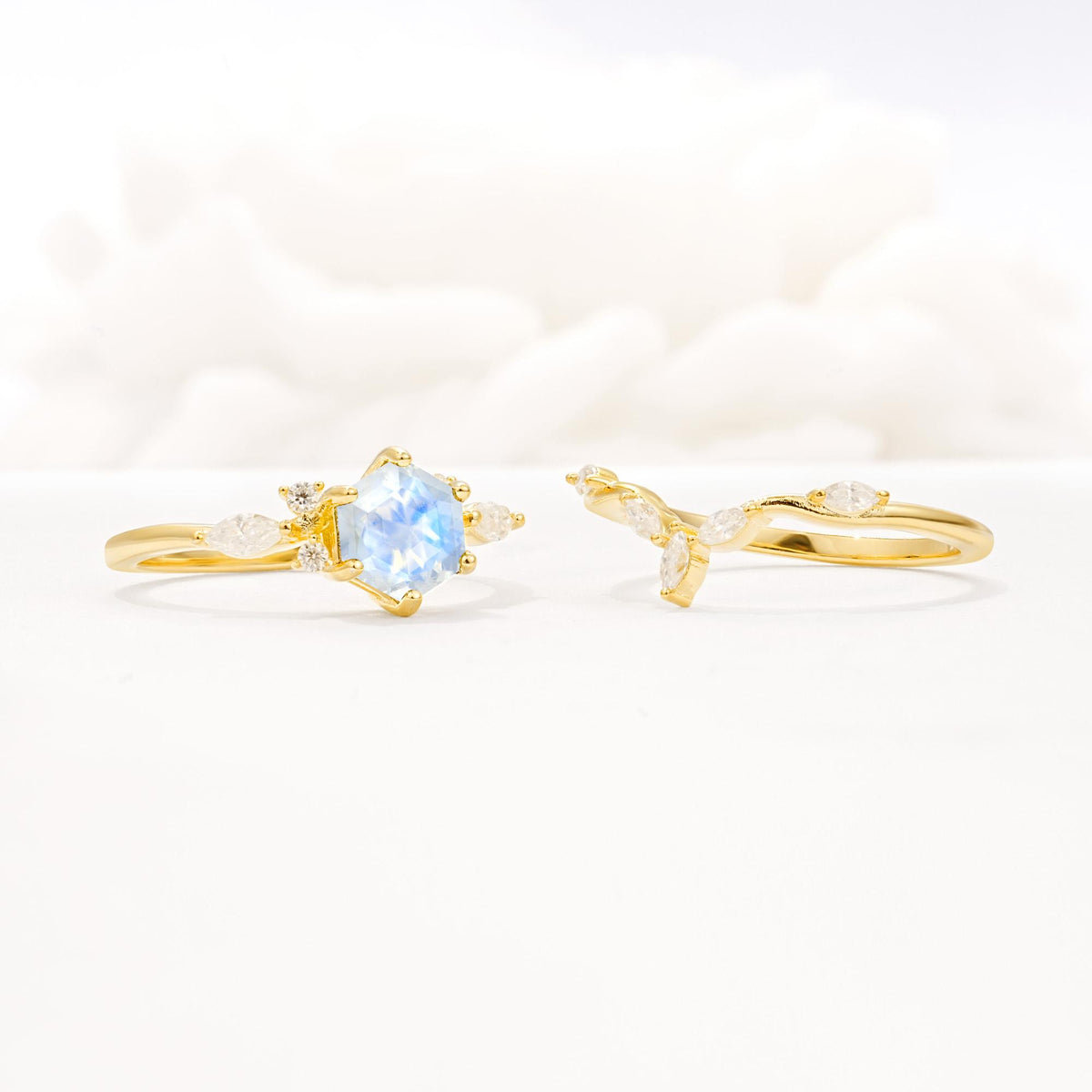 Nature-Inspired Hexagon Cut Moonstone Engagement Ring Set - Additional view