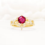 Nature-Inspired Hexagon Cut Ruby Engagement Ring Set - Yellow-Gold