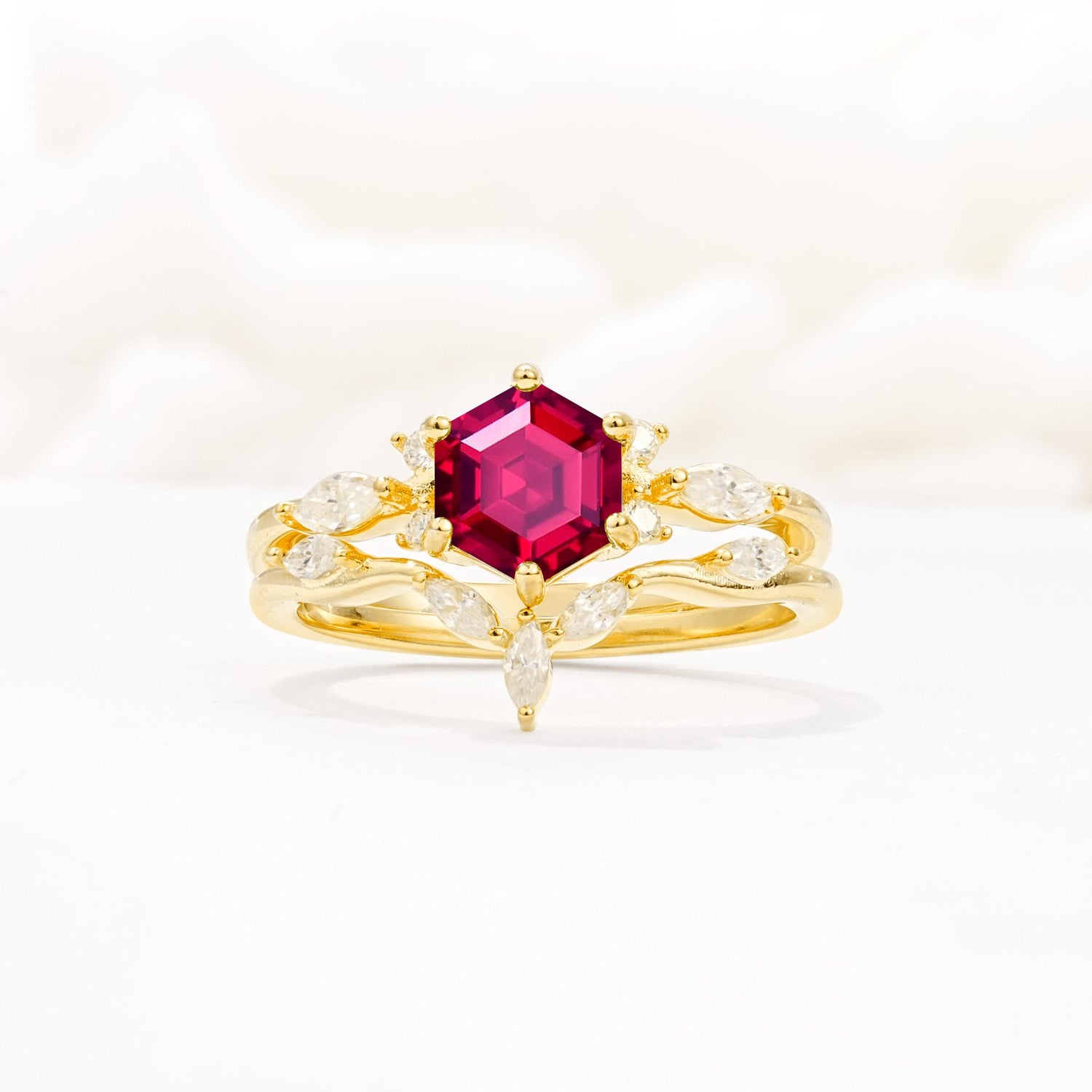 Nature-Inspired Hexagon Cut Ruby Engagement Ring Set - Yellow-Gold