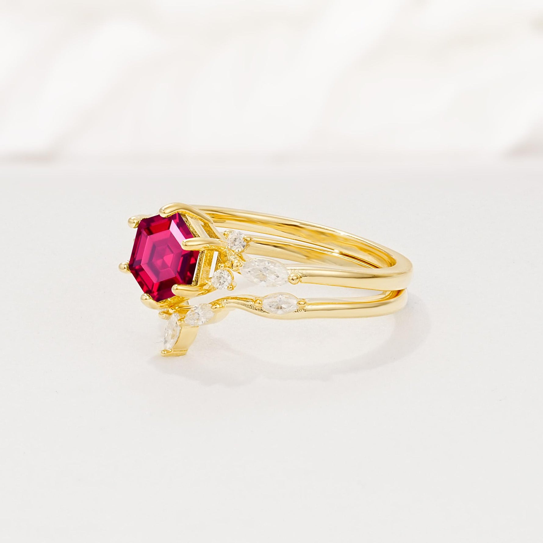 Nature-Inspired Hexagon Cut Ruby Engagement Ring Set - Rose-Gold