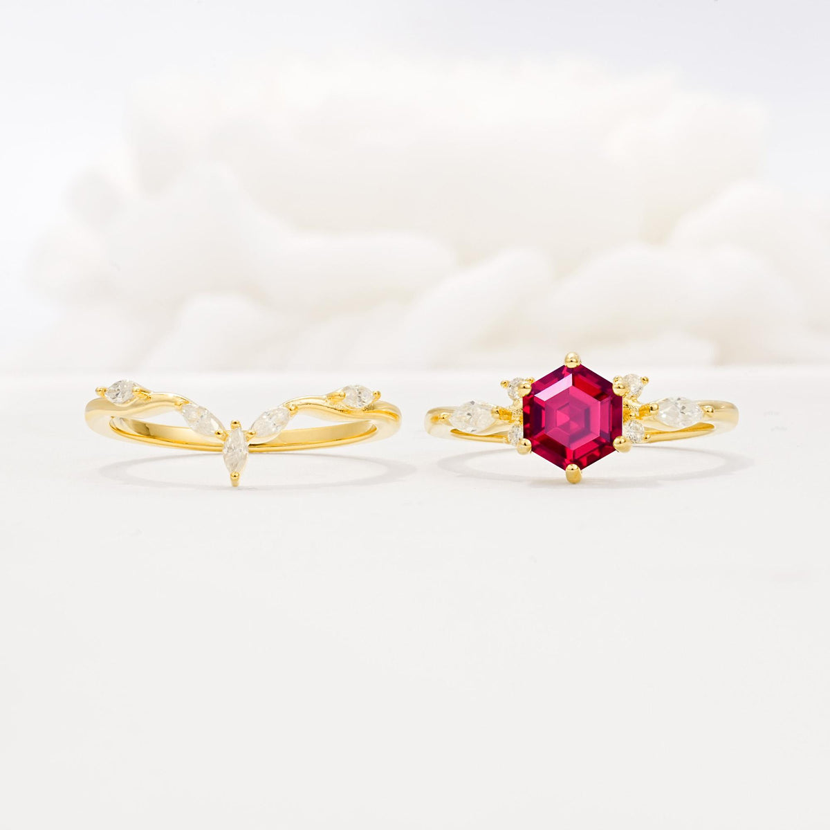 Nature-Inspired Hexagon Cut Ruby Engagement Ring Set - White-Gold