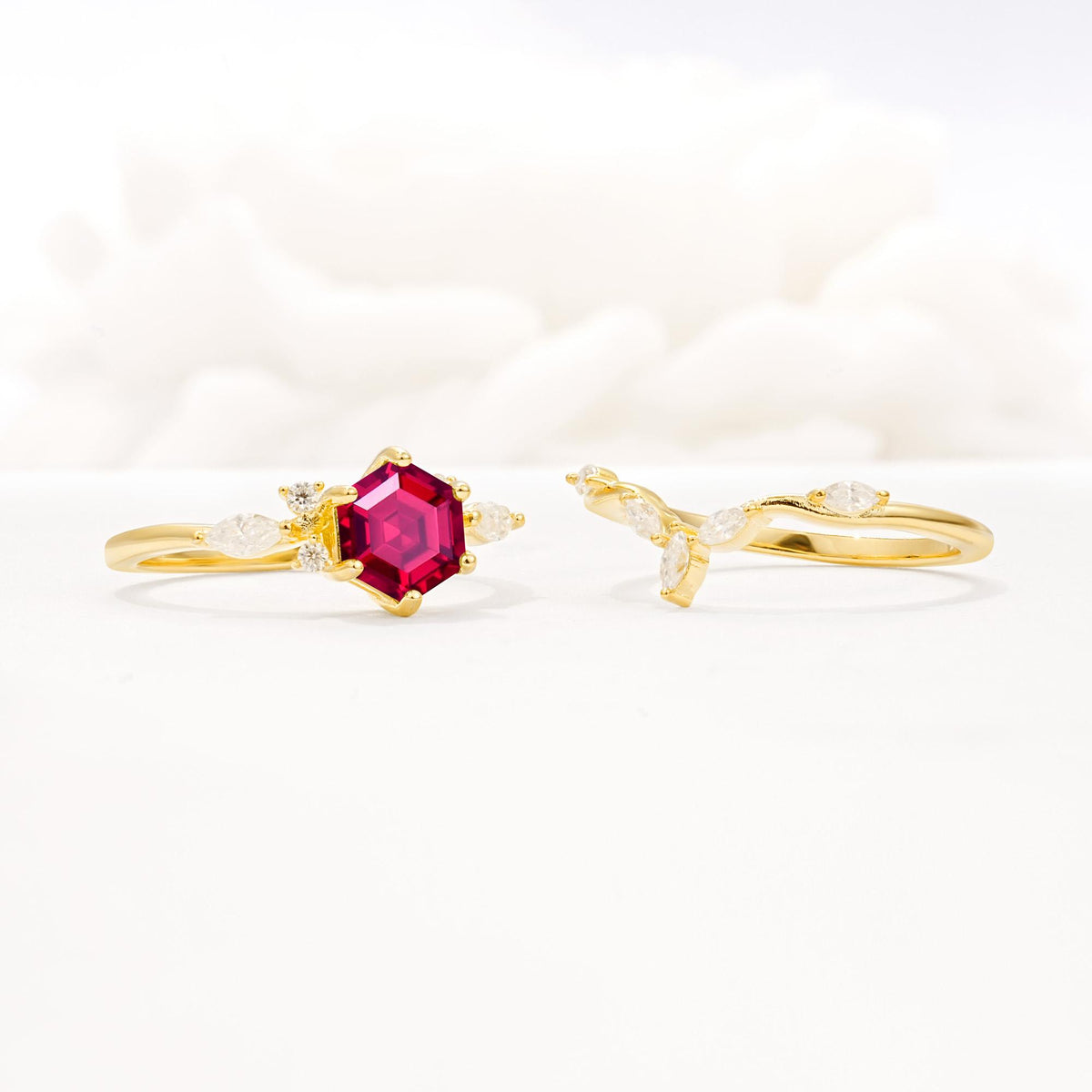 Nature-Inspired Hexagon Cut Ruby Engagement Ring Set - Additional view