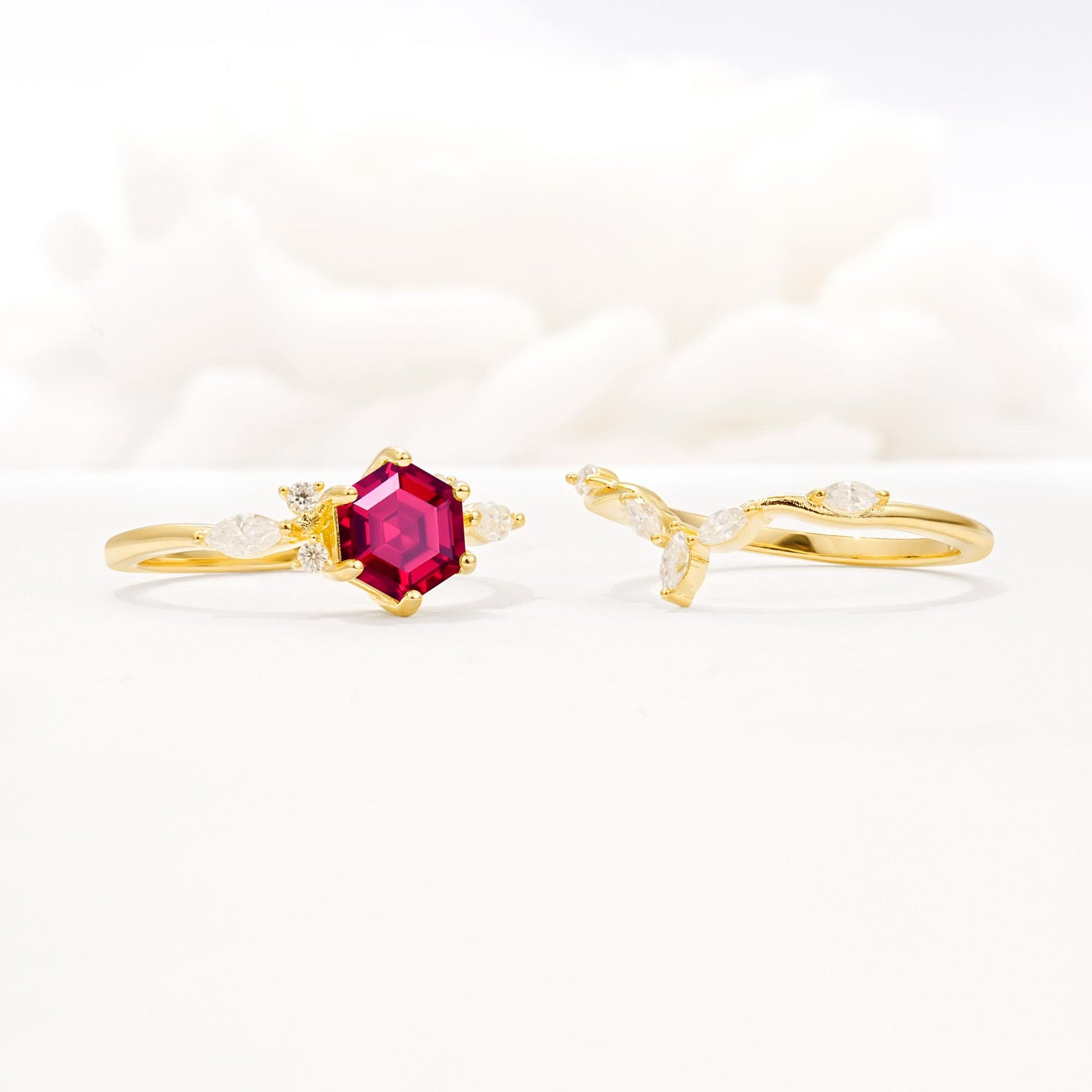 Nature-Inspired Hexagon Cut Ruby Engagement Ring Set - Additional view