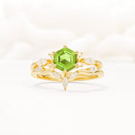 Nature-Inspired Hexagon Cut Peridot Engagement Ring Set - Yellow-Gold