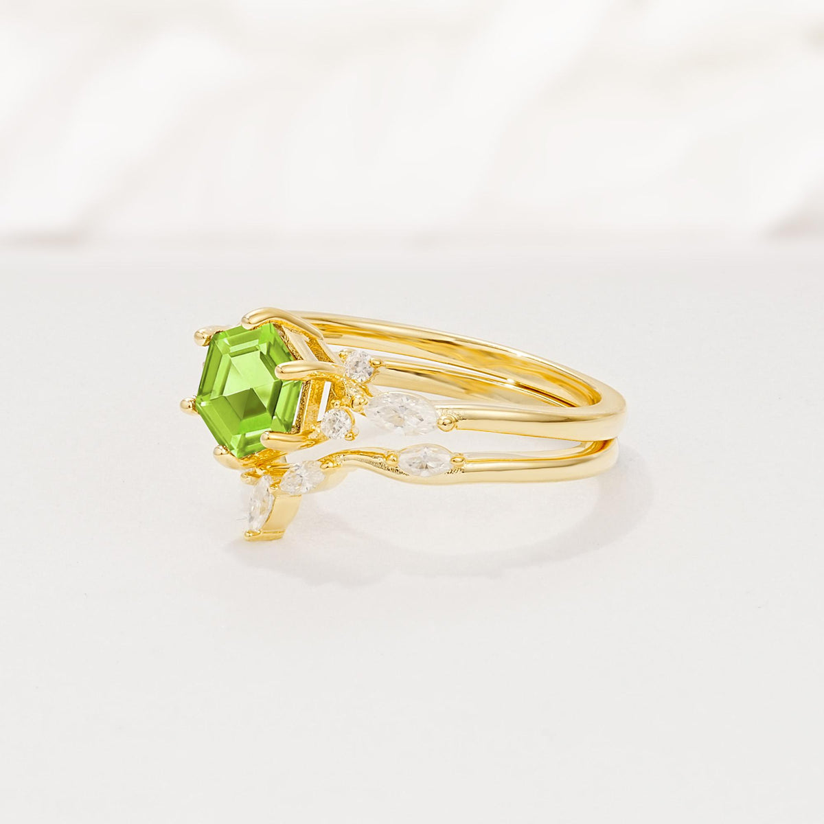 Nature-Inspired Hexagon Cut Peridot Engagement Ring Set - Rose-Gold