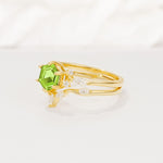 Nature-Inspired Hexagon Cut Peridot Engagement Ring Set - Rose-Gold