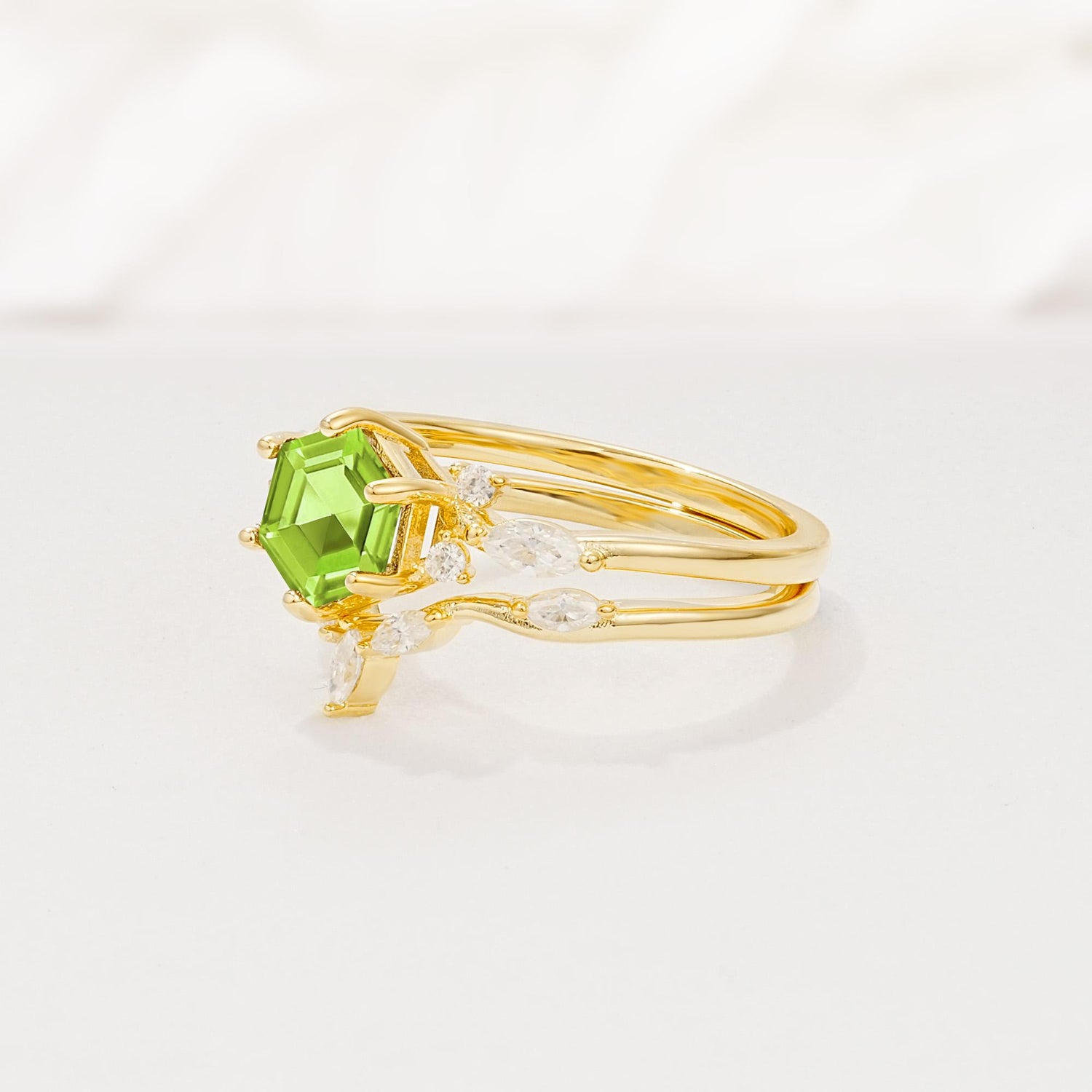 Nature-Inspired Hexagon Cut Peridot Engagement Ring Set - Rose-Gold
