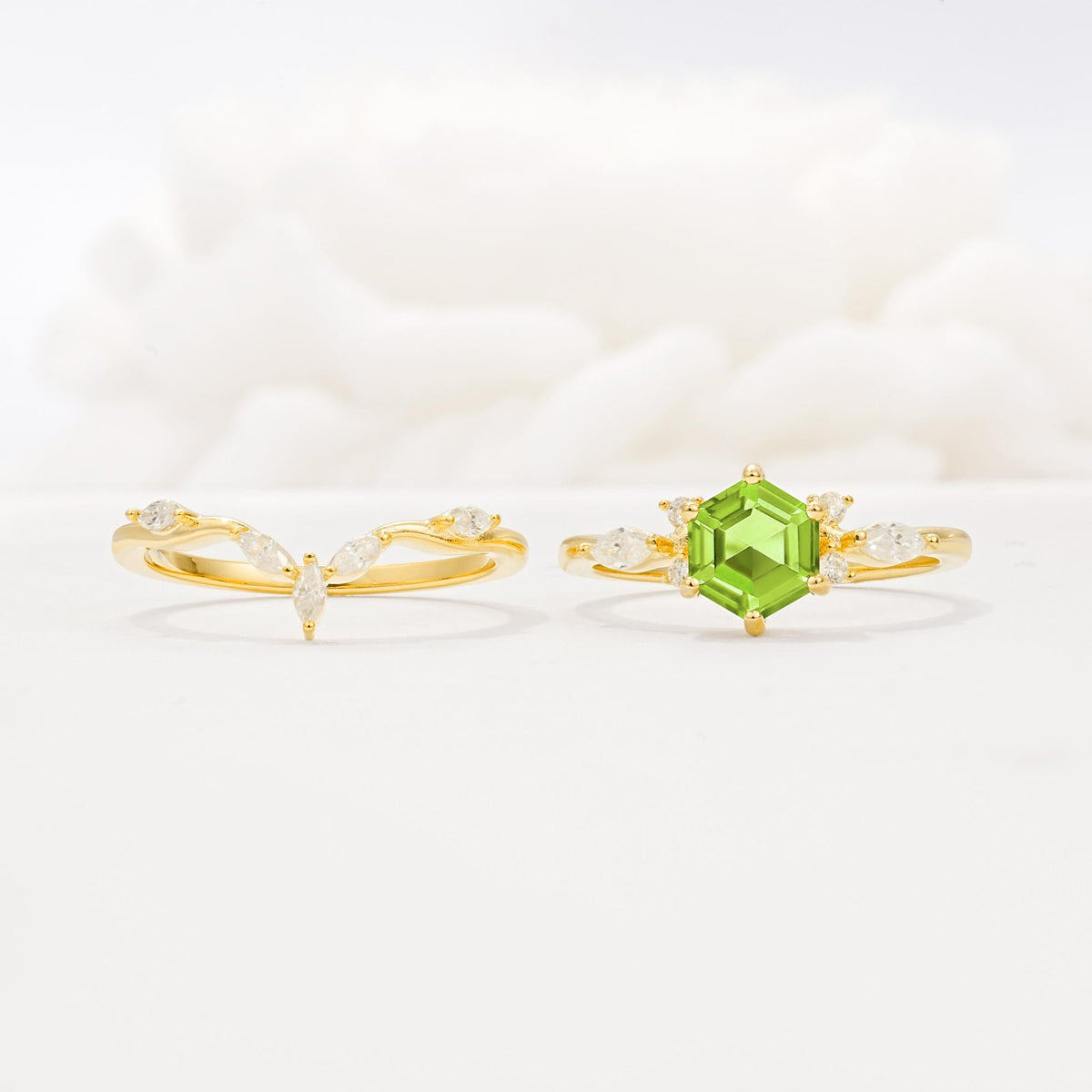 Nature-Inspired Hexagon Cut Peridot Engagement Ring Set - White-Gold