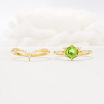 Nature-Inspired Hexagon Cut Peridot Engagement Ring Set - White-Gold