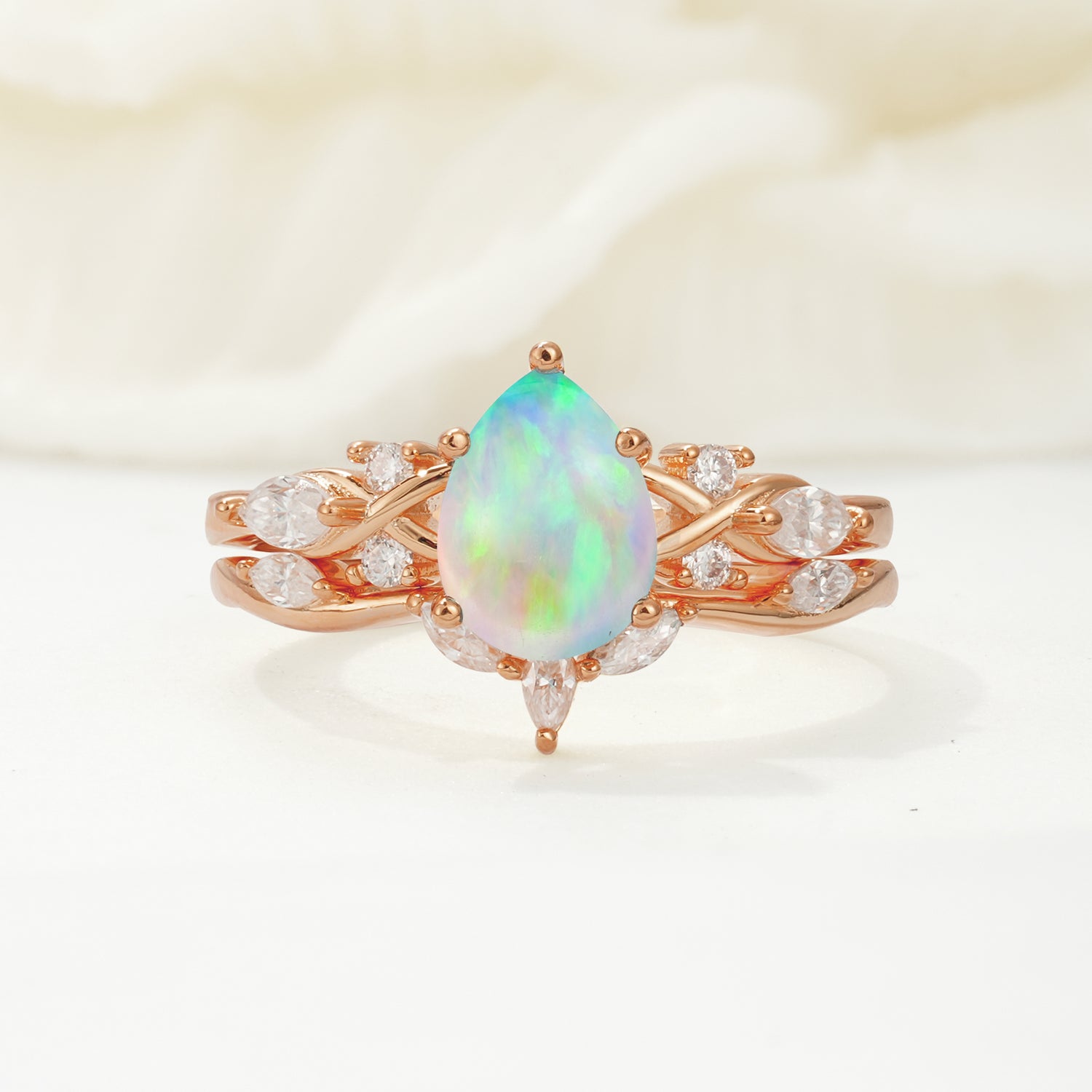 Nature-Inspired Luxury Pear-Cut Opal Bridal Ring Set