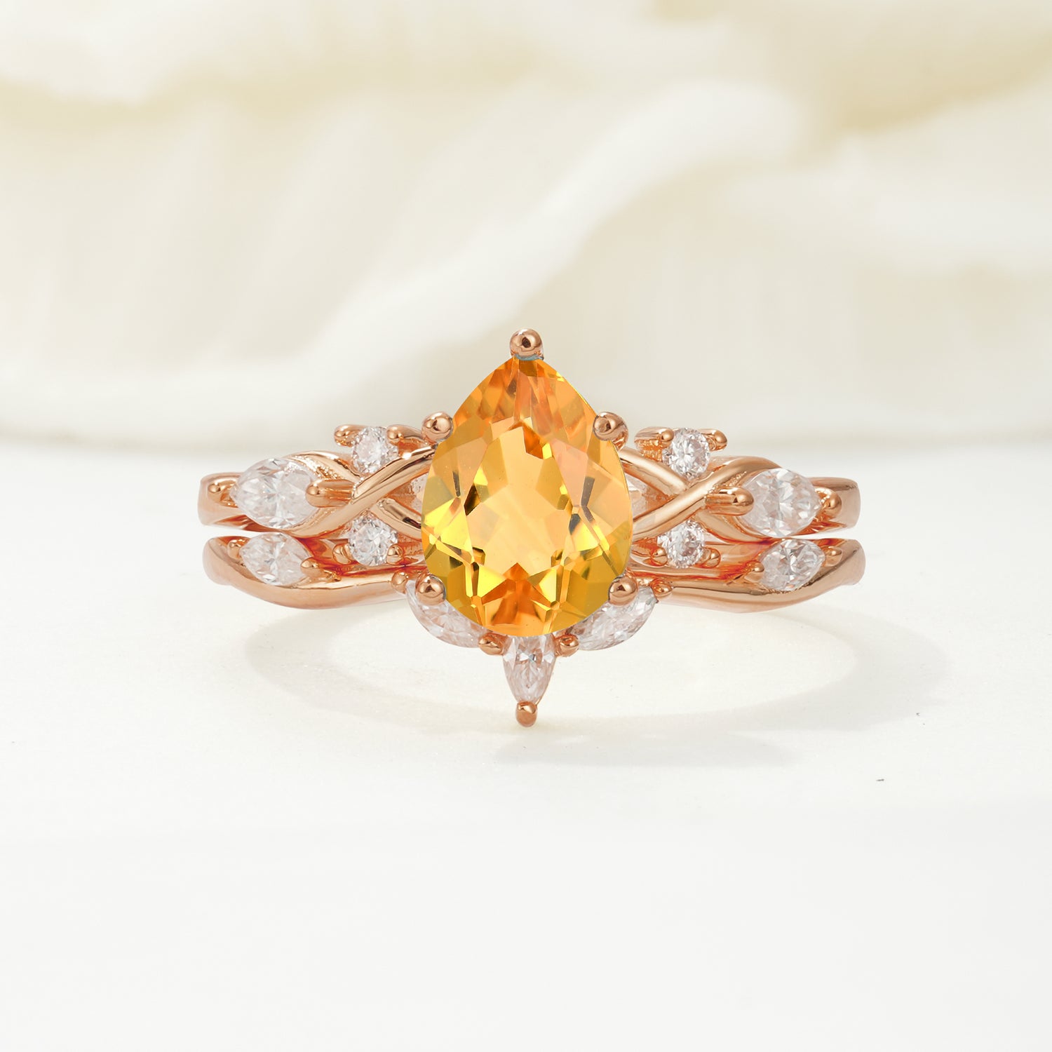 Nature-Inspired Luxury Pear-Cut Citrine Bridal Ring Set