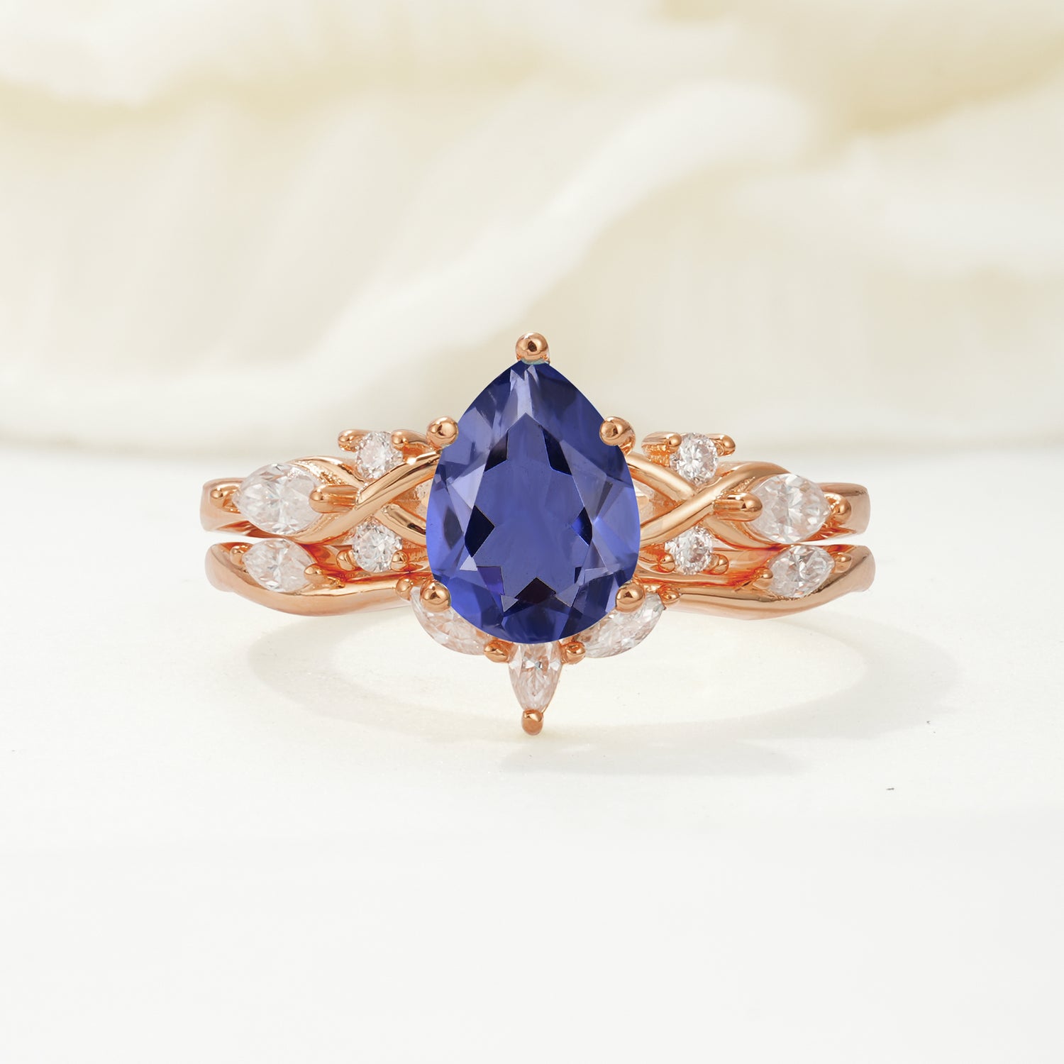 Nature-Inspired Luxury Pear-Cut Tanzanite Bridal Ring Set