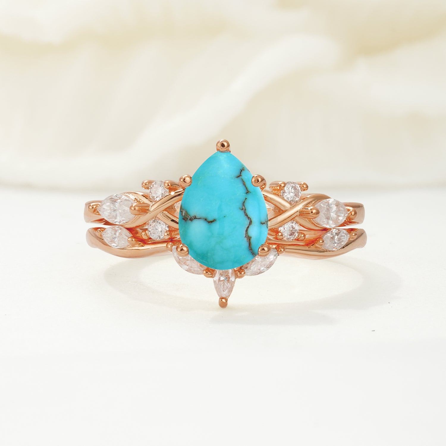 Nature-Inspired Luxury Pear-Cut Turquoise Bridal Ring Set