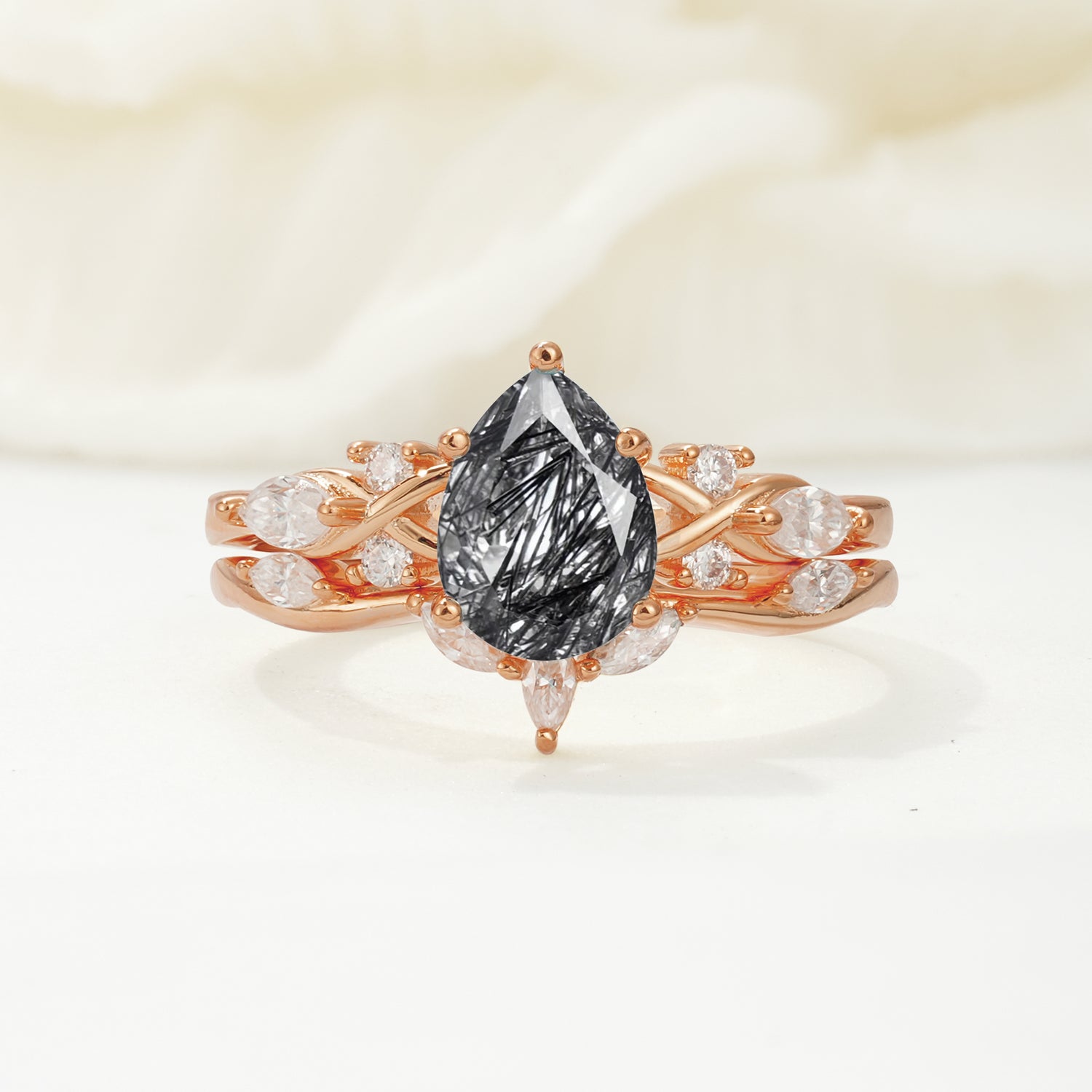 Nature-Inspired Luxury Pear-Cut Black Rutilated Quartz Bridal Ring Set