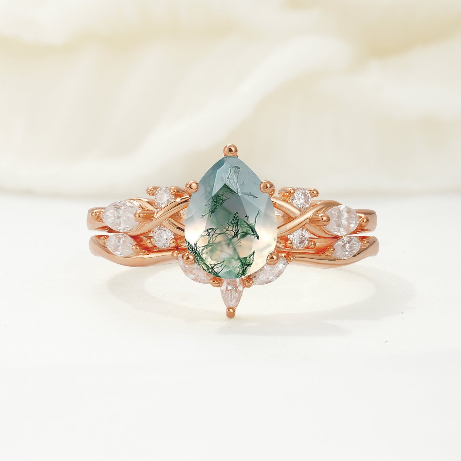 Nature-Inspired Luxury Pear-Cut Moss Agate Bridal Ring Set