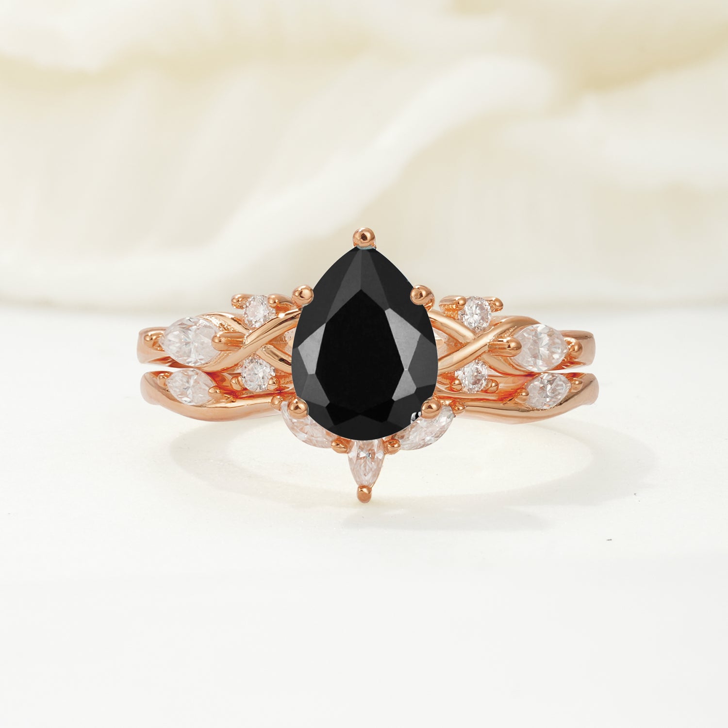 Nature-Inspired Luxury Pear-Cut Black Onyx Bridal Ring Set