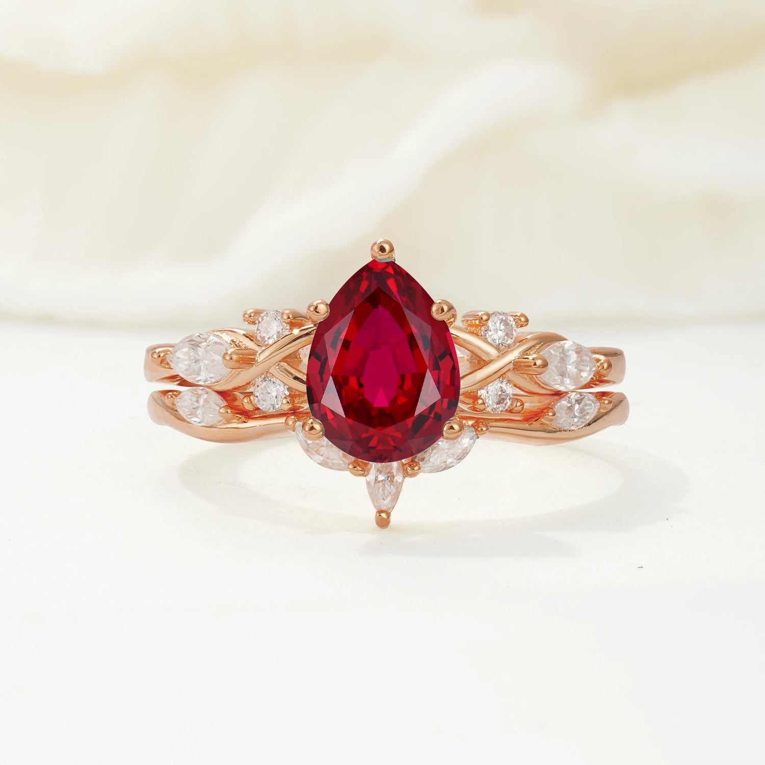 Nature-Inspired Luxury Pear-Cut Ruby Bridal Ring Set