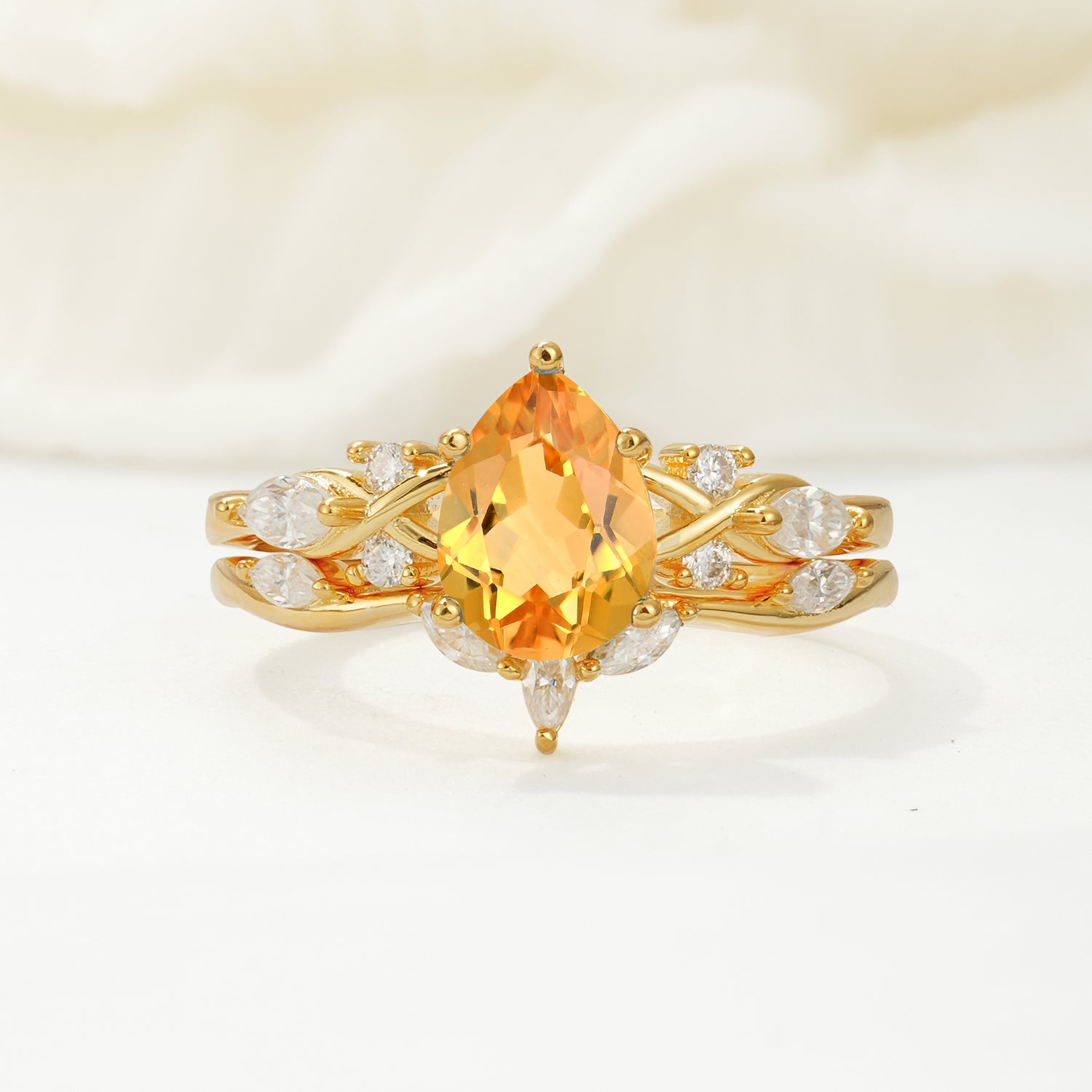 Nature-Inspired Luxury Pear-Cut Citrine Bridal Ring Set