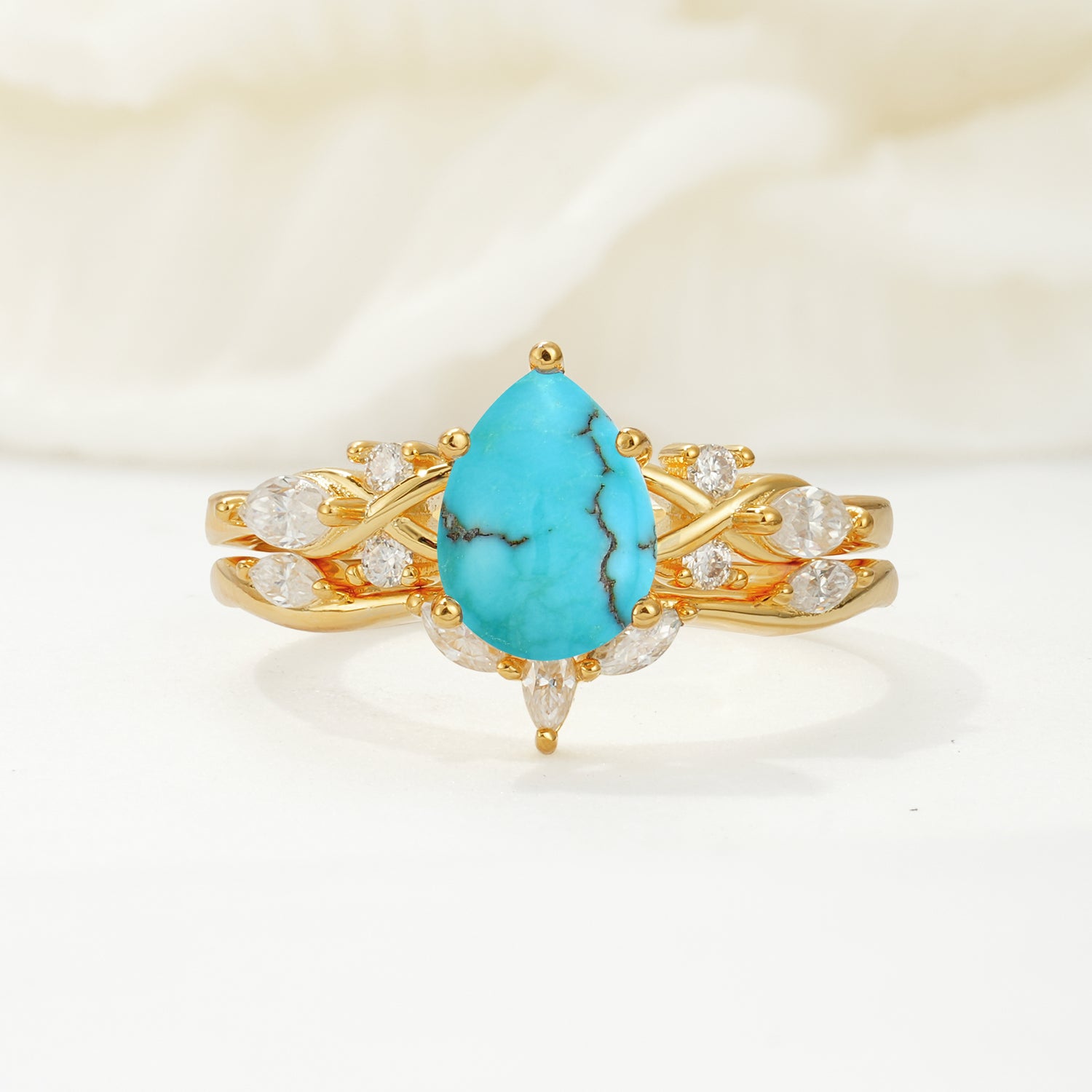 Nature-Inspired Luxury Pear-Cut Turquoise Bridal Ring Set