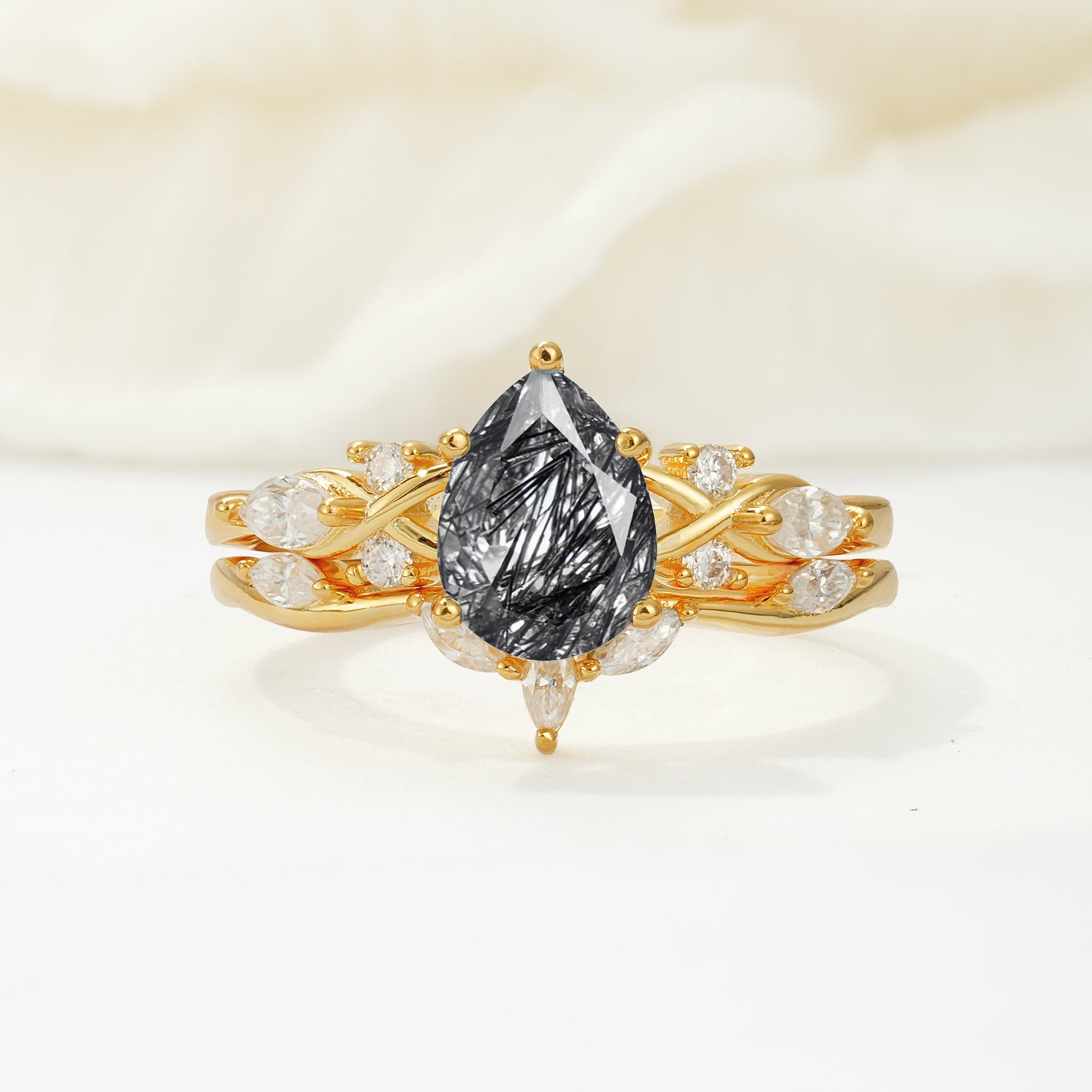 Nature-Inspired Luxury Pear-Cut Black Rutilated Quartz Bridal Ring Set