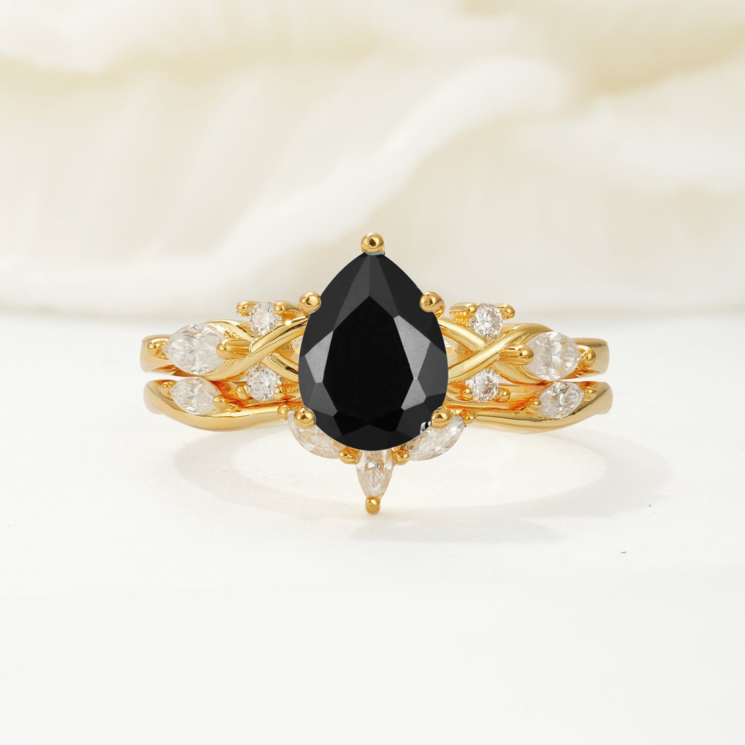 Nature-Inspired Luxury Pear-Cut Black Onyx Bridal Ring Set