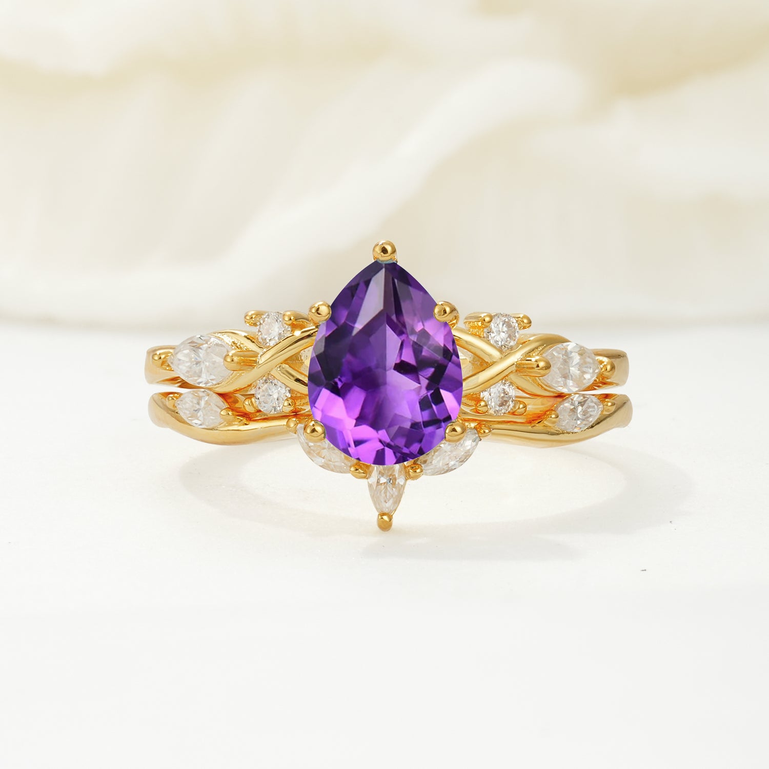 Nature-Inspired Luxury Pear-Cut Amethyst Bridal Ring Set