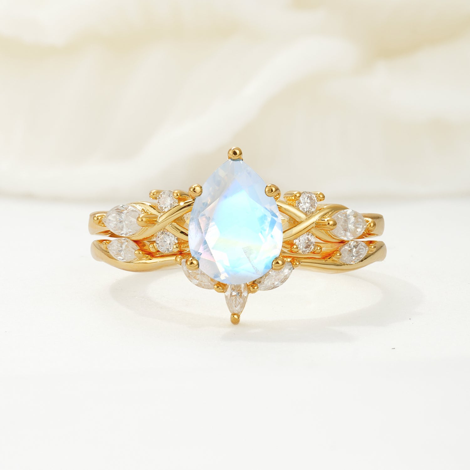 Nature-Inspired Luxury Pear-Cut Moonstone Bridal Ring Set