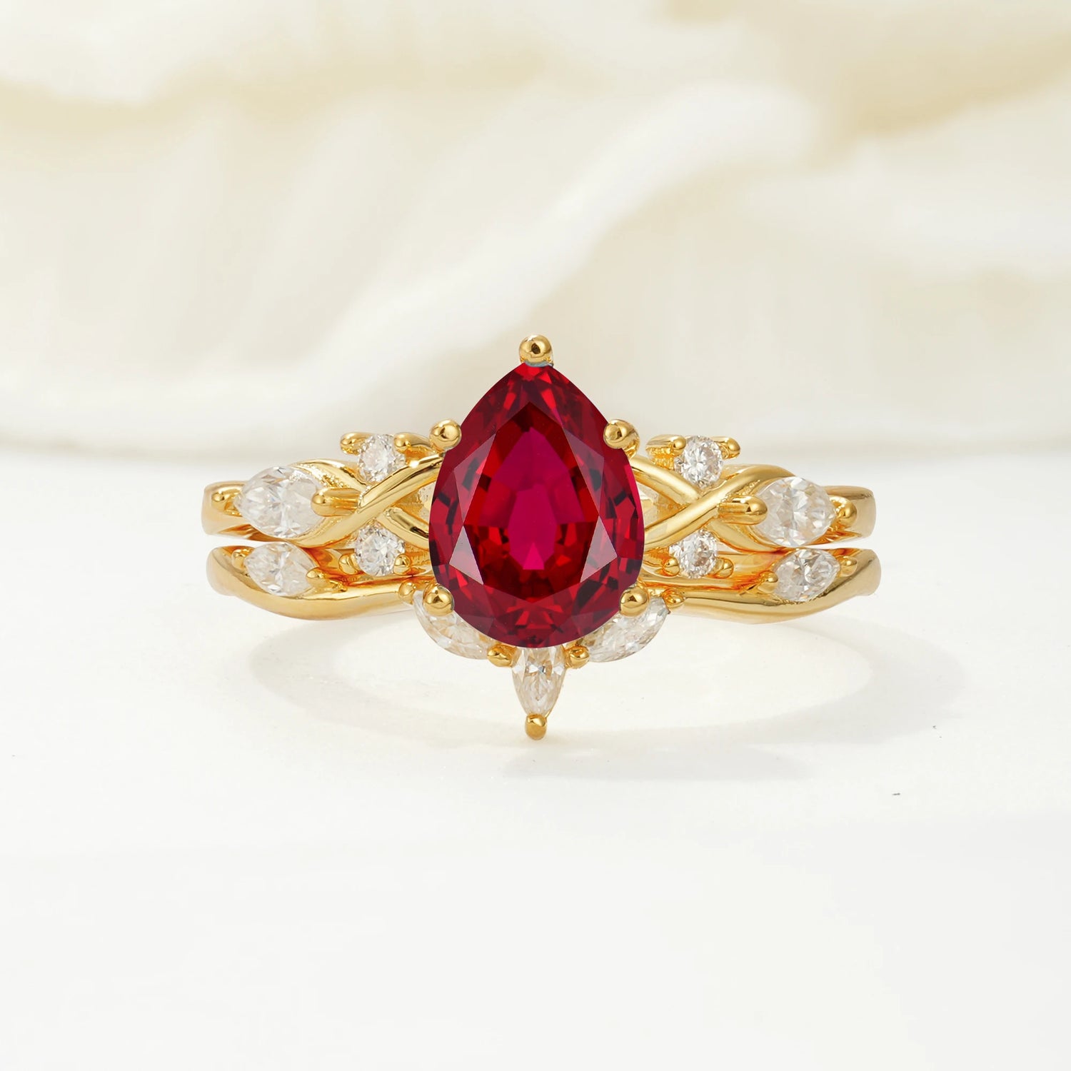 Nature-Inspired Luxury Pear-Cut Ruby Bridal Ring Set
