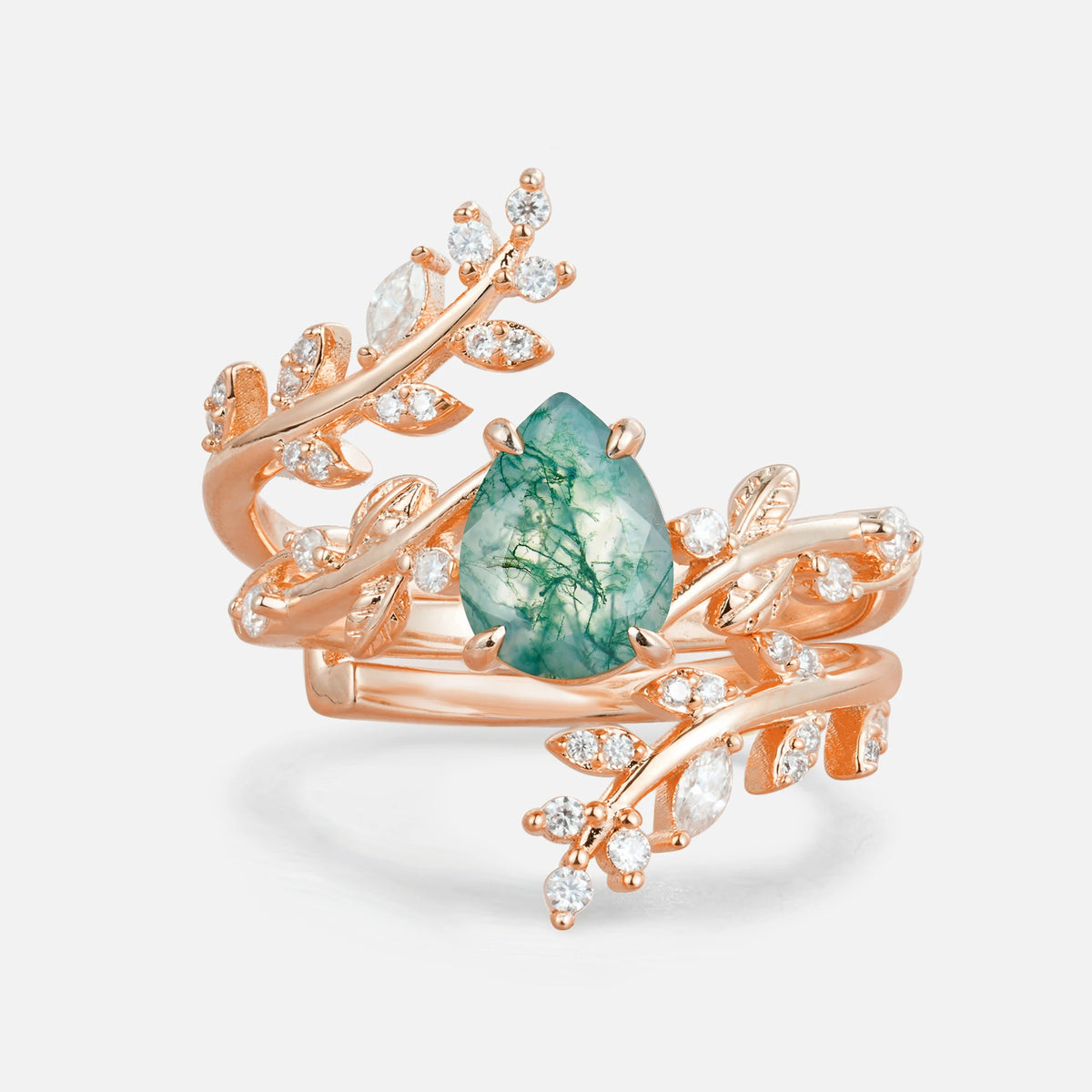 Nature Inspired  Pear Cut Moss Agate Bridal Ring Set for Women