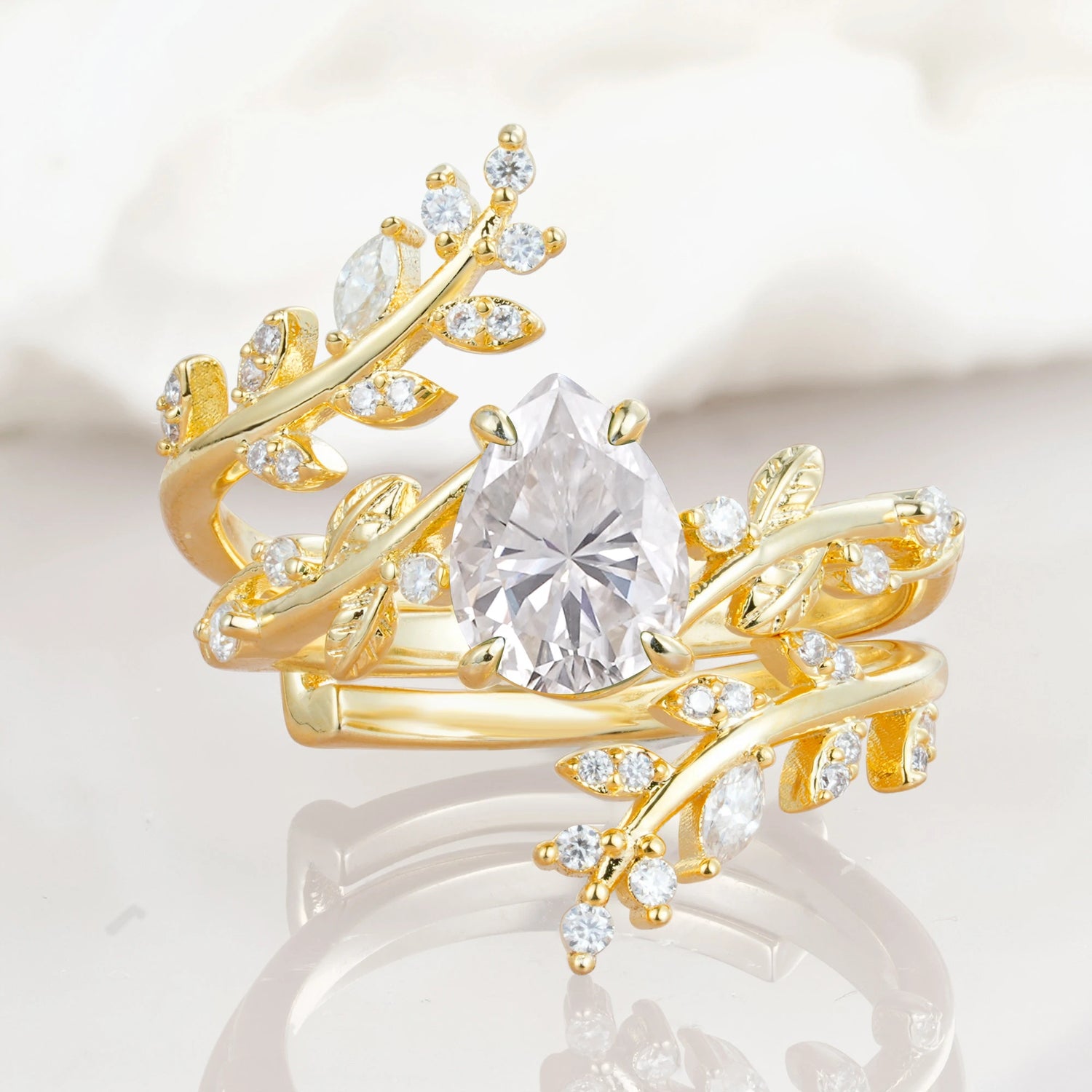 Nature Inspired  Pear Cut Moissanite Engagement Ring Set for Women