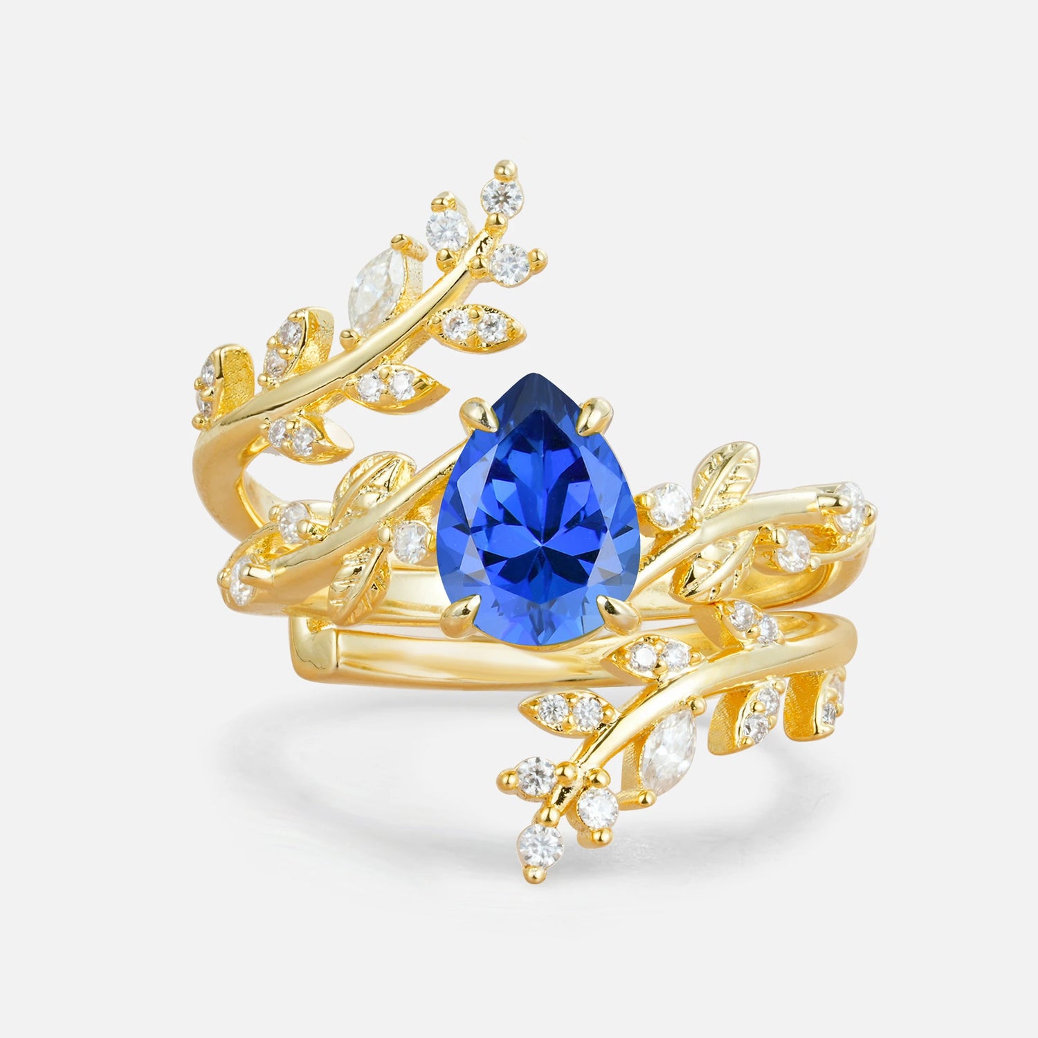 Nature Inspired  Pear Cut Sapphire Bridal Ring Set for Women