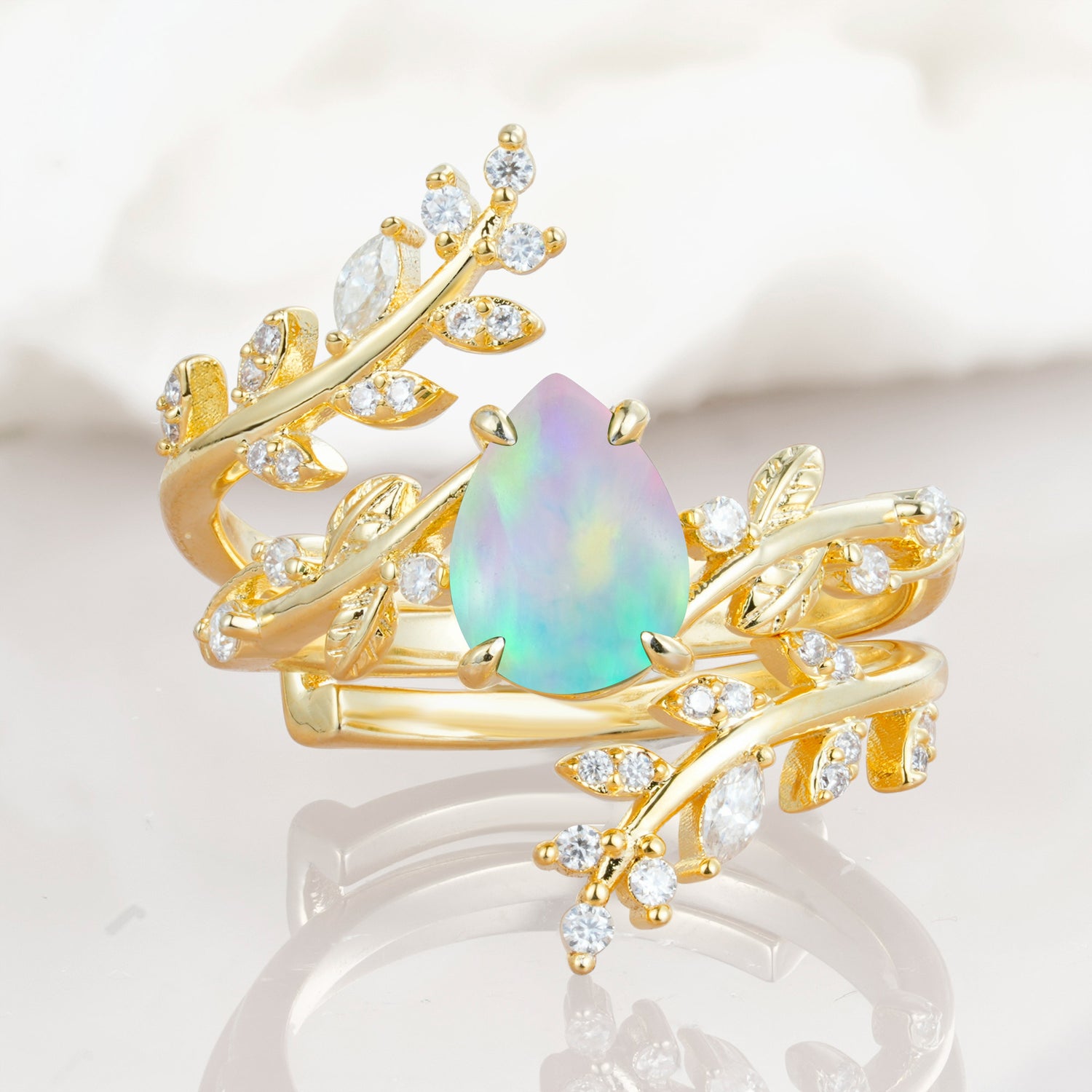 Nature Inspired  Pear Cut Opal Bridal Ring Set for Women