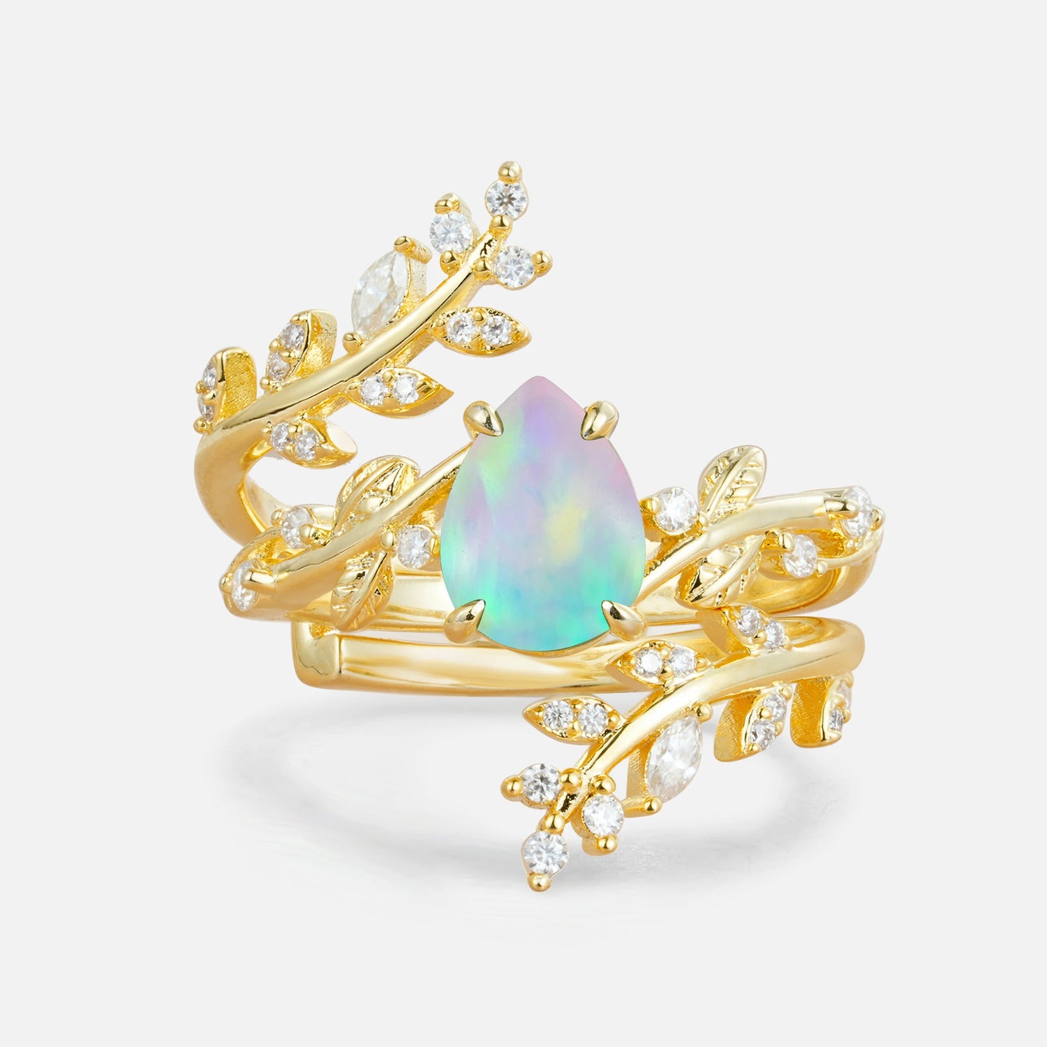 Nature Inspired  Pear Cut Fire Opal Bridal Ring Set for Women