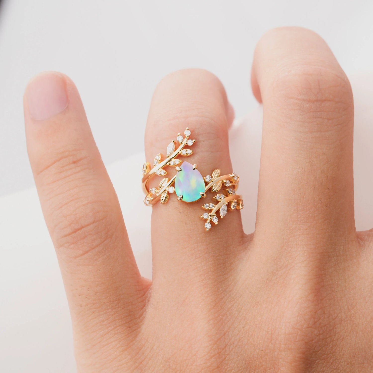 Nature Inspired  Pear Cut Fire Opal Bridal Ring Set for Women