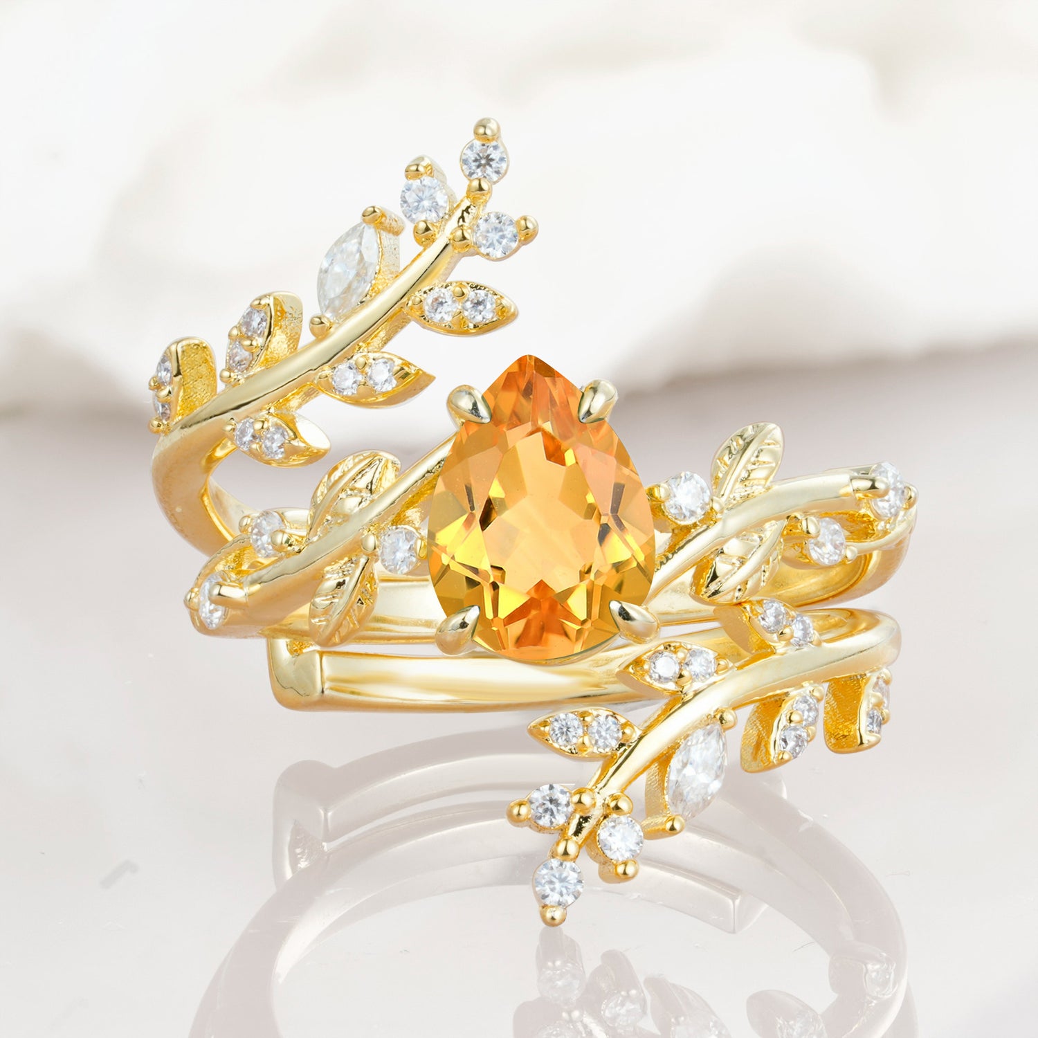Nature Inspired  Pear Cut Citrine Bridal Ring Set for Women